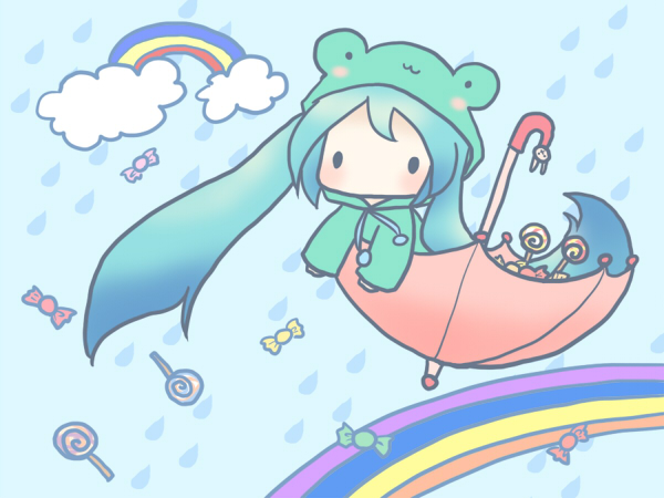 sakuramori sumomo, hatsune miku, ame nochi sweet drops (vocaloid), vocaloid, 1girl, animal hood, aqua hair, candy, chibi, female focus, food, frog raincoat, hood, lollipop, long hair, orange umbrella, rain, rainbow, raincoat, solo, swirl lollipop, twintails, umbrella, umbrella riding, water drop