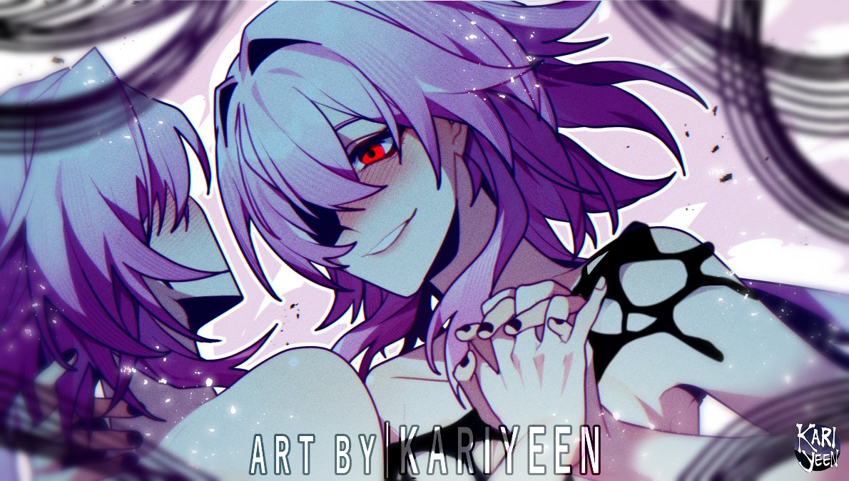 kari yen, evernight (honkai: star rail), march 7th (honkai: star rail), march 7th (preservation) (honkai: star rail), honkai: star rail, honkai (series), 2girls, black nails, blush, dual persona, grin, hair over one eye, holding hands, multiple girls, pink hair, red eyes, smile, watermark, yuri