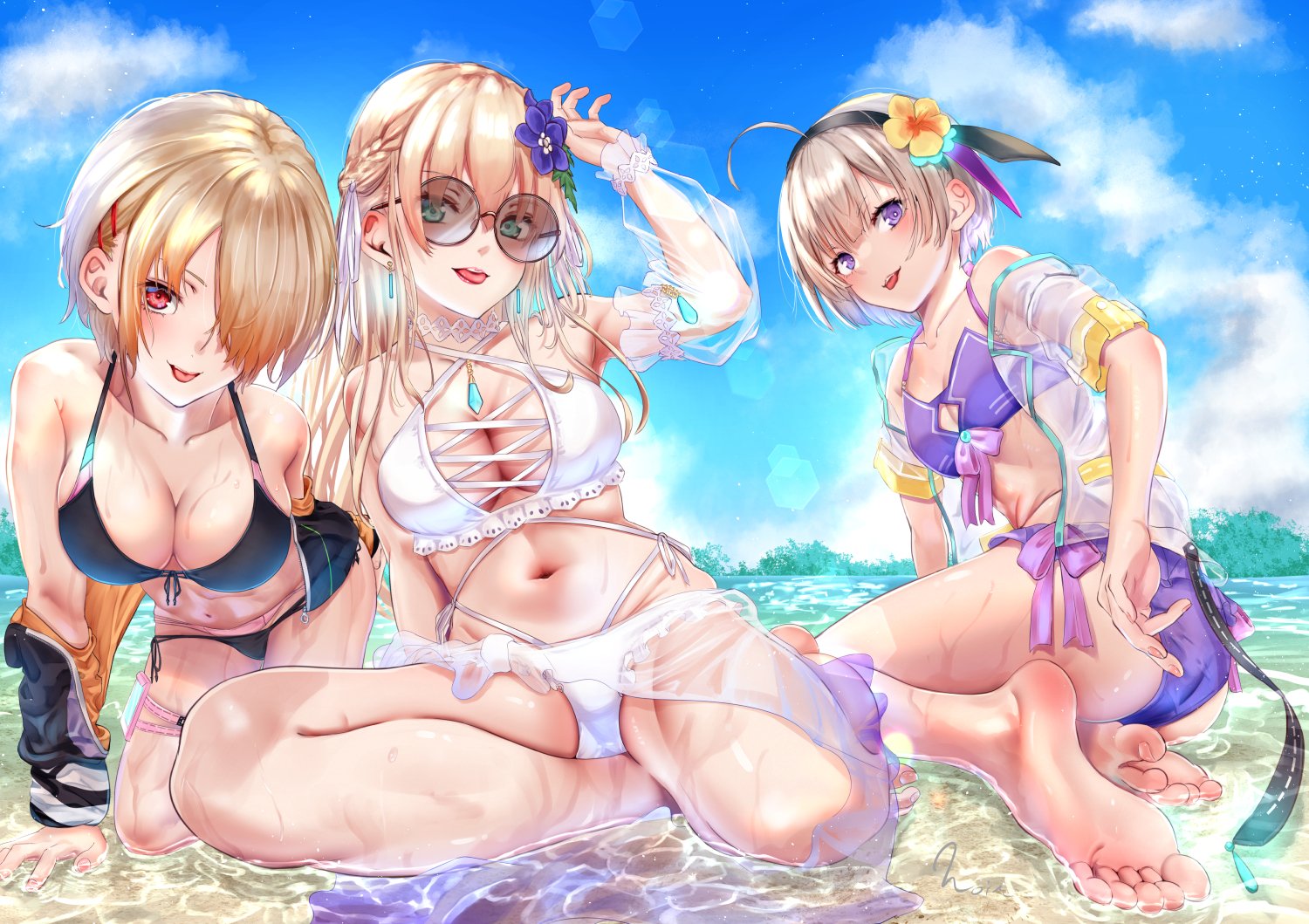 noir (nowaru), kayamori ruka, minase sumomo, toujou tsukasa, heaven burns red, 3girls, :p, ahoge, all fours, arm support, ass, bare shoulders, barefoot, beach, bikini, black bikini, black hairband, black jacket, blonde hair, blue sky, blush, braid, breasts, cleavage, cloud, collarbone, day, detached sleeves, eyewear on head, feet, flower, frilled bikini, frills, front-tie bikini top, front-tie top, gem, green eyes, grey hair, hair between eyes, hair flower, hair ornament, hair over one eye, hair ribbon, hairband, hairclip, halterneck, jacket, jewelry, kneeling, large breasts, leaning forward, legs, long hair, looking at viewer, medium breasts, multi-strapped bikini bottom, multi-strapped bikini top, multiple girls, navel, ocean, open clothes, open jacket, open mouth, outdoors, purple bikini, purple eyes, red eyes, ribbon, round eyewear, sarong, see-through clothes, see-through jacket, see-through sleeves, shallow water, short hair, side-tie bikini bottom, sidelocks, sitting, sky, small breasts, smile, soles, summer, sunglasses, swimsuit, swimsuit cover-up, tattoo, toes, tongue, tongue out, water, wet, white bikini, white sarong, yellow flower, yokozuwari