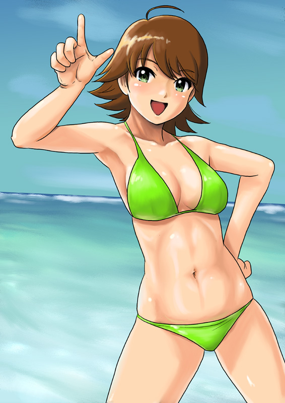 shu-z, awakened miki, hoshii miki, idolmaster, idolmaster (classic), idolmaster 1, 00s, 1girl, abs, ahoge, bikini, brown hair, day, female focus, green bikini, green eyes, shiny skin, short hair, solo, swimsuit