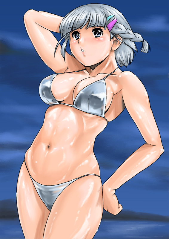 shu-z, seolla schweizer, banpresto, super robot wars, oil, silver hair, 1girl, abs, bikini, braid, female focus, muscular, shiny skin, solo, swimsuit, toned, toned female