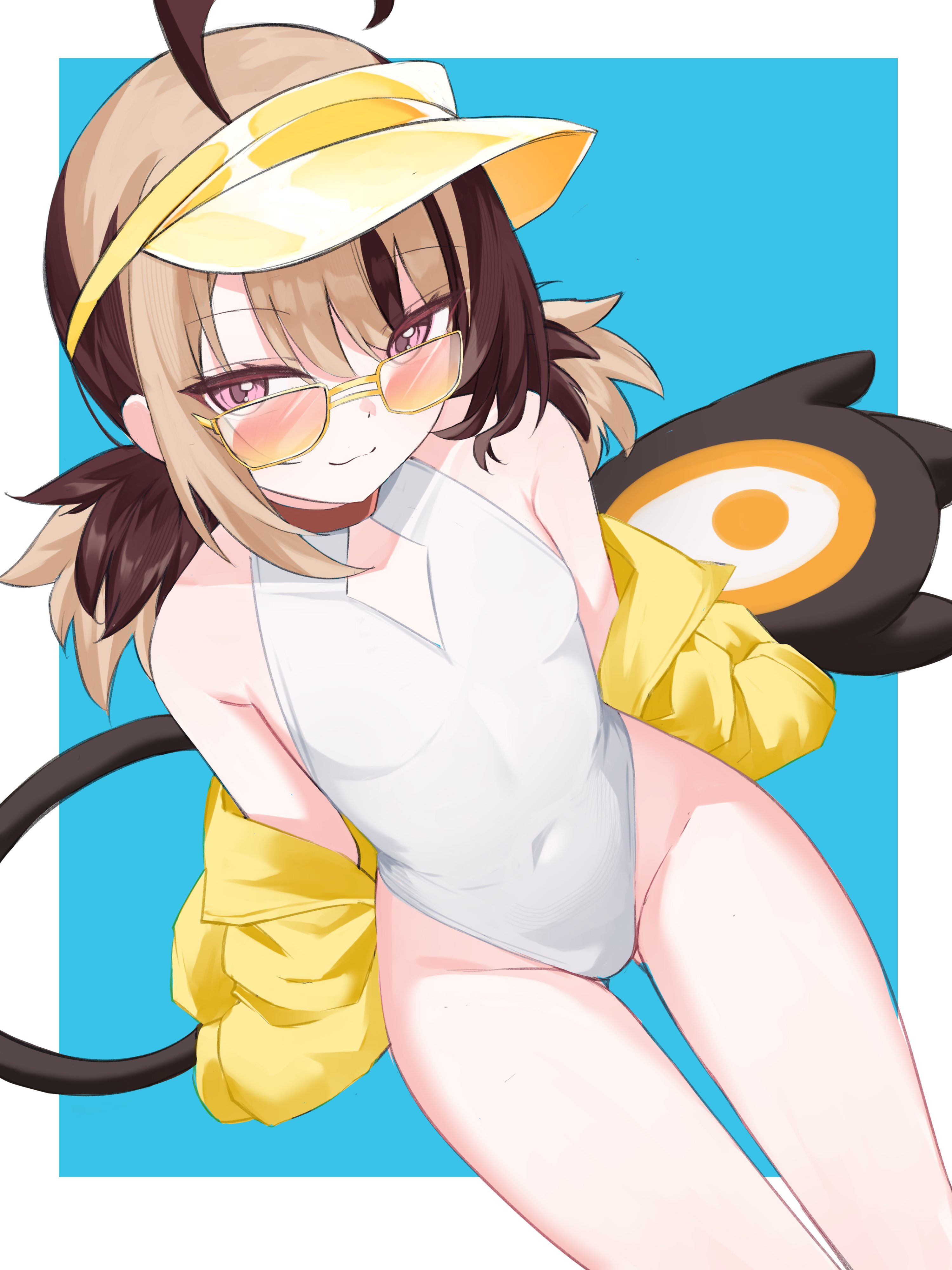 avil, gigi murin, seia (blue archive), hololive, hololive english, absurdres, highres, 1girl, blue background, brown hair, cosplay, glasses, hood, hoodie, multicolored hair, one-piece swimsuit, pink eyes, seia (blue archive) (cosplay), simple background, solo, sunglasses, swimsuit, tail, virtual youtuber, visor cap, white one-piece swimsuit, yellow hoodie