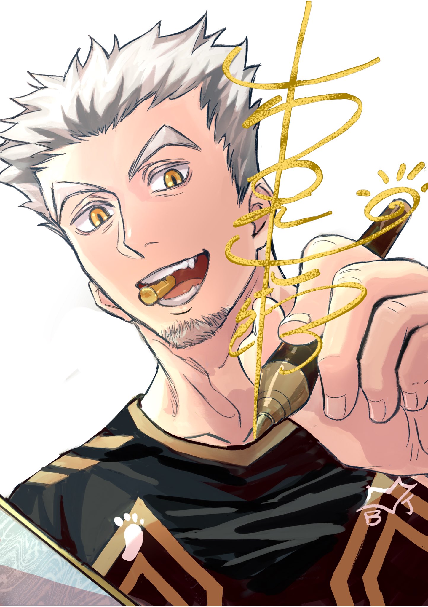 koukiki9, bokuto koutarou, haikyuu!!, commentary, english commentary, highres, 1boy, adam's apple, character signature, facial hair, fangs, fingernails, goatee, grey hair, holding, holding pen, looking at viewer, male focus, mouth hold, msby black jackals volleyball uniform, multicolored hair, open mouth, pen, short hair, simple background, solo, sportswear, teeth, teeth hold, tongue, two-tone hair, upper body, volleyball uniform, white background, white hair, yellow eyes
