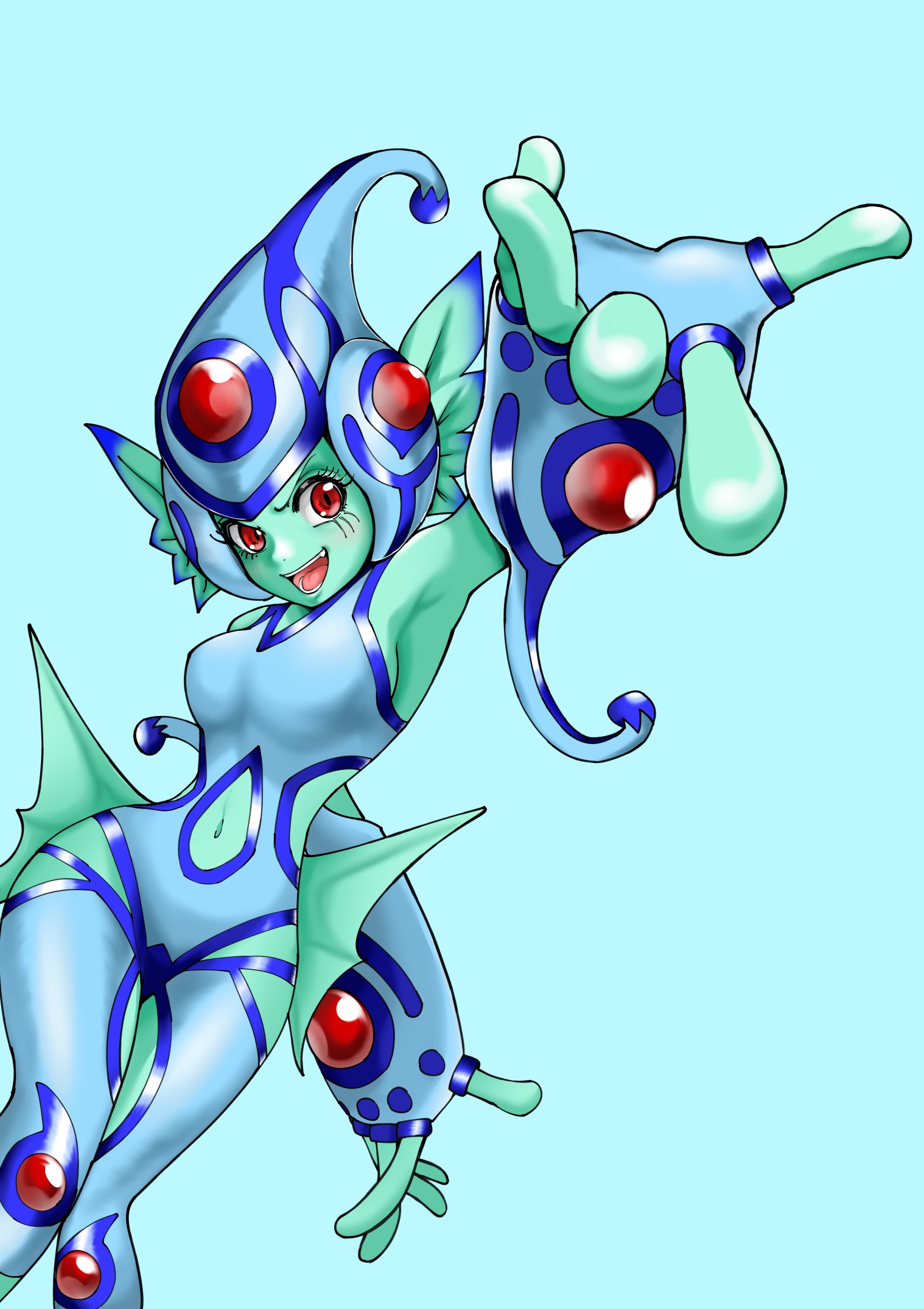 ranamon, digimon, highres, 1girl, armpits, bare shoulders, blue background, blue one-piece swimsuit, breasts, clothing cutout, colored skin, cowboy shot, digimon (creature), eikenkobayashi, fins, green skin, head fins, navel, one-piece swimsuit, red eyes, simple background, solo, stomach cutout, swimsuit