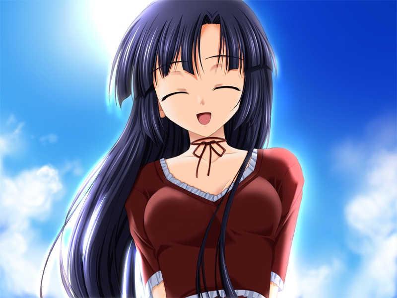 nanao naru, minase sayo, suika (visual novel), game cg, non-web source, 00s, 1girl, black hair, closed eyes, female focus, happy state, long hair, sky, solo