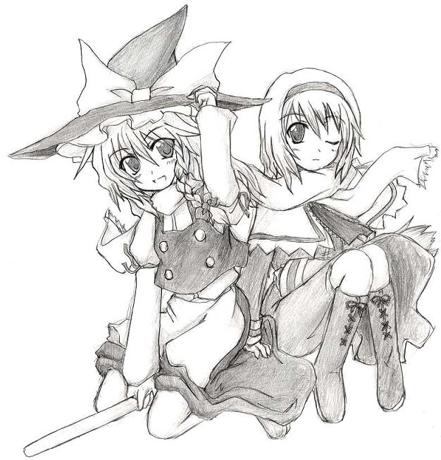 eku, alice margatroid, kirisame marisa, touhou, traditional media, 2girls, broom, broom riding, female focus, greyscale, monochrome, multiple girls, multiple riders, one eye closed, sidesaddle, simple background, sketch, white background
