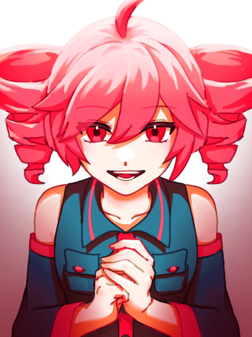 yukito 272, kasane teto, kasane teto (utau), utau, bad id, bad twitter id, 1girl, ahoge, collared shirt, detached sleeves, drill hair, long sleeves, looking at viewer, open mouth, own hands together, pink eyes, pink hair, shirt, sleeveless, sleeveless shirt, smile, solo, twin drills