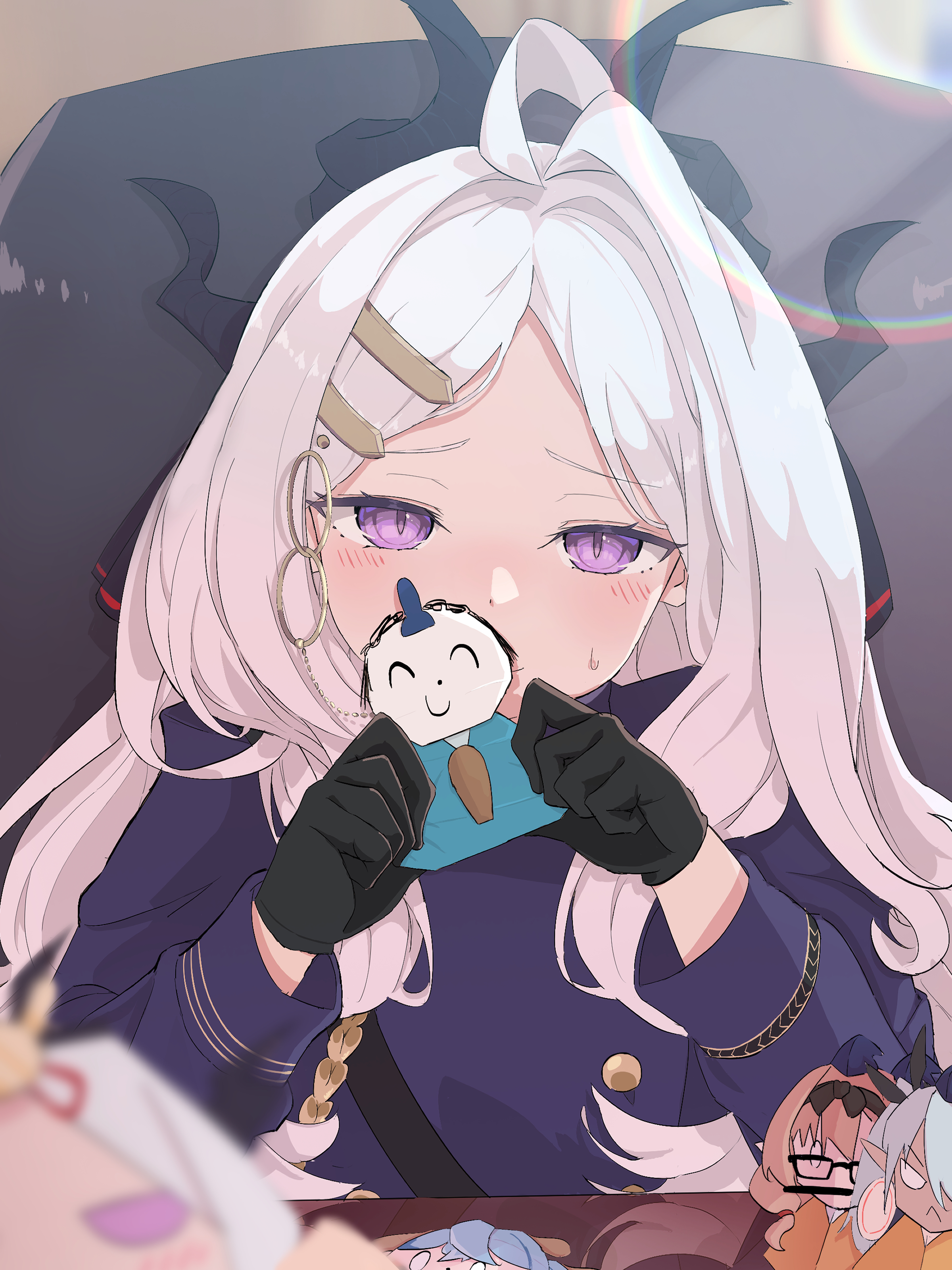 not seven777, ako (blue archive), chinatsu (blue archive), doodle sensei (blue archive), hina (blue archive), iori (blue archive), sensei (blue archive), blue archive, hinamatsuri, absurdres, commentary request, highres, 1girl, ahoge, belt, blurry, chair, character doll, covering own mouth, demon girl, demon horns, depth of field, desk, doll, forehead, hair ornament, hairclip, hina ningyou, holding, holding doll, horns, indoors, long hair, long sleeves, looking at viewer, military uniform, name connection, office chair, parted bangs, prefect team (blue archive), purple eyes, sam browne belt, sidelocks, solo, sweatdrop, swivel chair, upper body, wavy hair, white hair