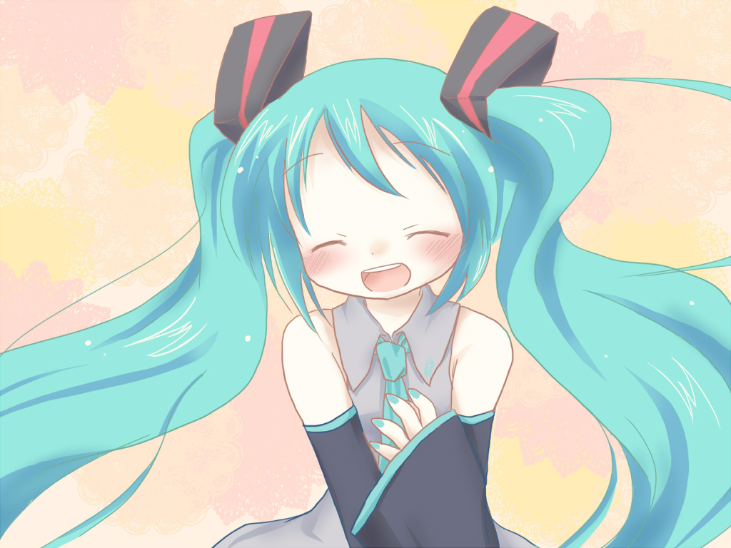 sakuramori sumomo, hatsune miku, vocaloid, aqua hair, blush, detached sleeves, long hair, solo, twintails