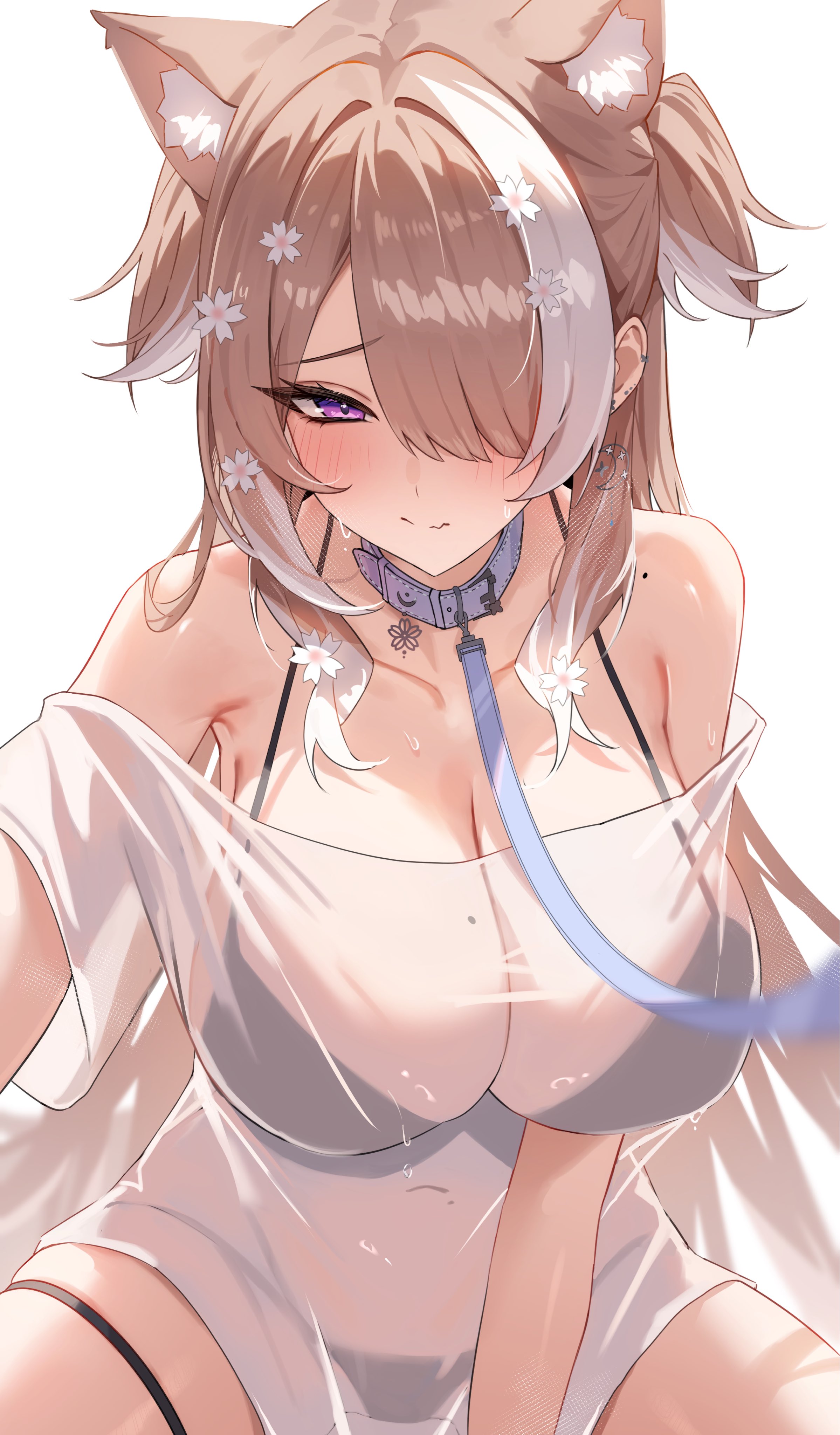 ruru (ruru nnnn), sakurai hana, vdonburi, absurdres, commentary, english commentary, highres, 1girl, animal ears, armpits, bare shoulders, bikini, bikini under clothes, black bikini, breasts, brown hair, cat ears, cleavage, closed mouth, collar, collarbone, covered navel, extra ears, hair over one eye, large breasts, leash, long hair, looking at viewer, mole, mole on breast, mole on shoulder, multicolored hair, off-shoulder shirt, off shoulder, purple eyes, see-through cleavage, see-through clothes, shirt, simple background, solo, streaked hair, string bikini, swimsuit, thigh strap, two-tone hair, two side up, very long hair, virtual youtuber, wet, white background, white shirt