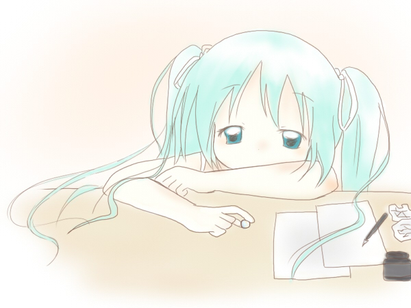 sakuramori sumomo, hatsune miku, vocaloid, aqua eyes, aqua hair, hair ribbon, long hair, paper, pen, ribbon, solo, twintails