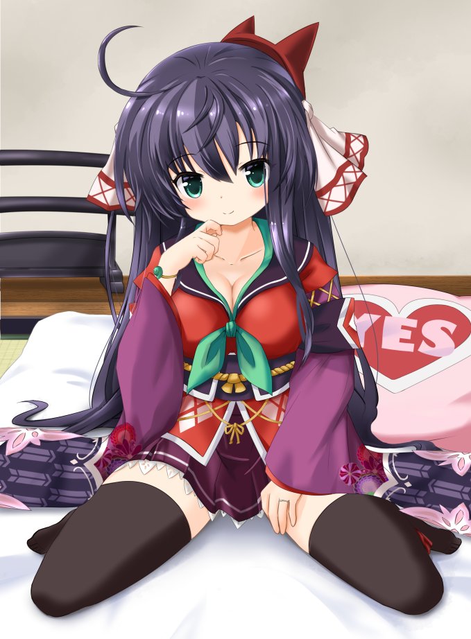 akino sakura, kiyohime lore, emil chronicle online, ahoge, black hair, black thighhighs, breasts, cleavage, green eyes, green ribbon, hair ribbon, jacket, japanese clothes, large breasts, long hair, looking at viewer, mask, mask on head, on bed, pleated skirt, purple skirt, purple sleeves, red jacket, ribbon, sailor collar, sitting, skirt, thighhighs, thighs, wariza, white ribbon, wide sleeves, yes-no pillow