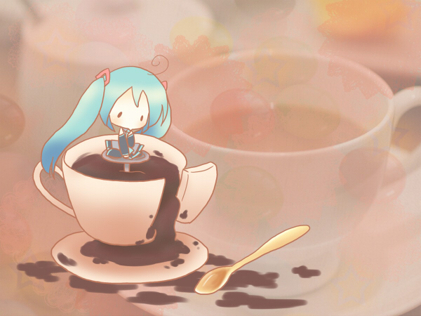sakuramori sumomo, hatsune miku, vocaloid, ahoge, aqua hair, chibi, cup, long hair, mini person, minigirl, solo, spoon, tea, teacup, twintails