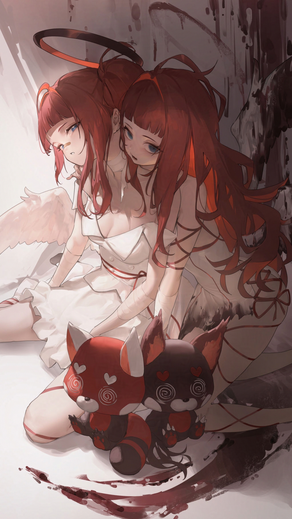 metatarou, original, commentary, commentary request, commission, english commentary, highres, mixed-language commentary, 2girls, bandaged arm, bandaged neck, bandages, bare shoulders, blood, bloody wings, blue eyes, breasts, cleavage, dress, halo, long hair, long sidelocks, looking at viewer, multiple girls, off shoulder, open mouth, parted lips, red hair, red halo, red ribbon, ribbon, side-tie dress, sidelocks, sitting, sleeveless, sleeveless dress, stuffed toy, torn clothes, torn dress, toy, wariza, white dress, white wings, wings