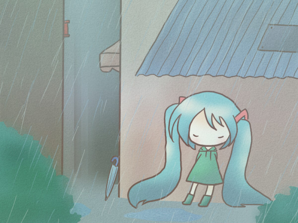 sakuramori sumomo, hatsune miku, vocaloid, aqua hair, long hair, rain, solo, twintails, umbrella
