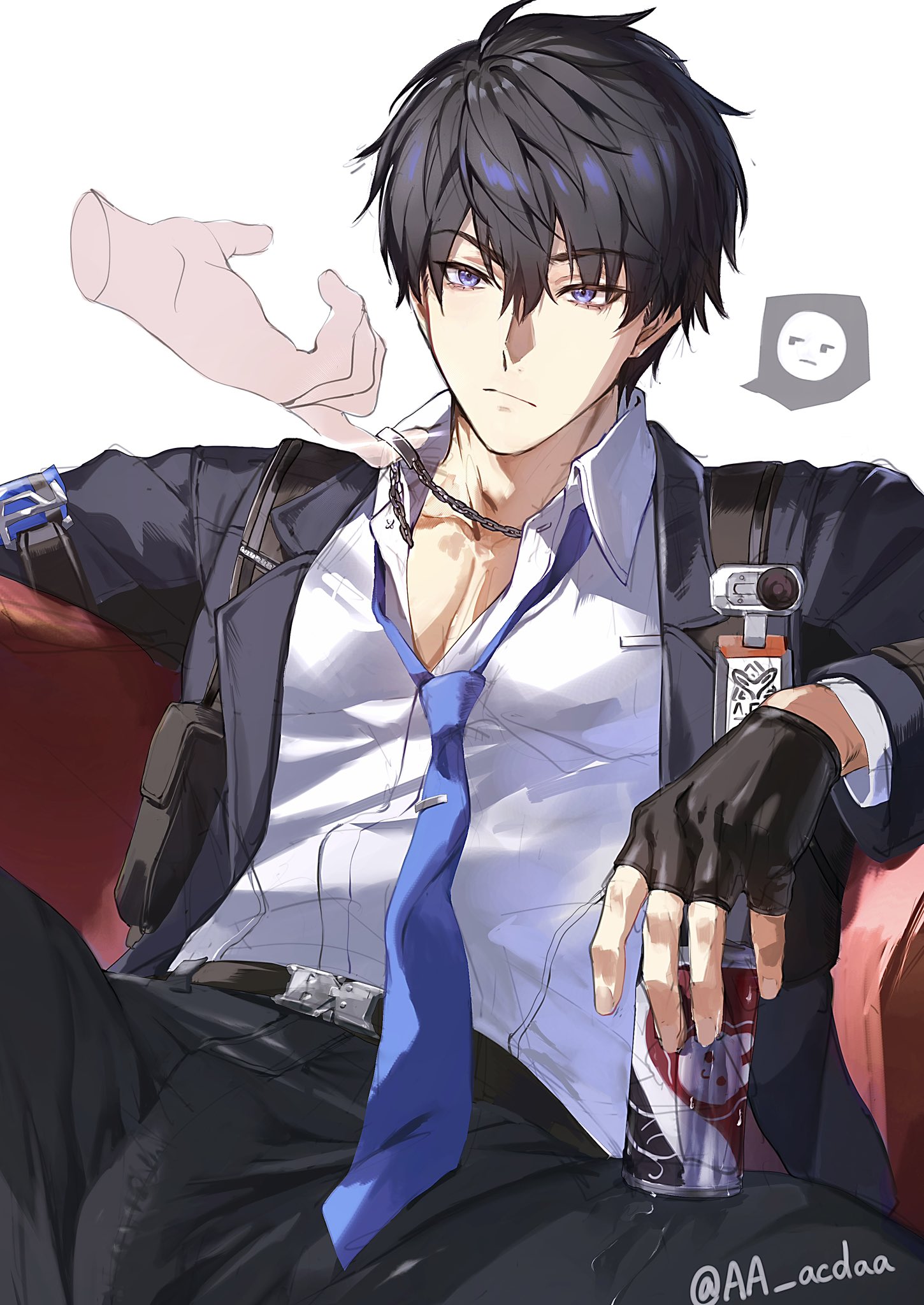 male protagonist (ananta), ananta, commentary, hashtag-only commentary, highres, 1boy, 1other, aa acdaa, arm rest, arm up, belt, belt buckle, black belt, black gloves, black hair, black jacket, black pants, blue eyes, blue necktie, buckle, can, closed mouth, collarbone, collared shirt, colored speech bubble, couch, disembodied hand, drink can, fingerless gloves, gloves, holding, holding can, holster, image in speech bubble, jacket, jewelry, layered sleeves, long sleeves, male focus, necklace, necktie, open collar, pants, parted bangs, shirt, shirt tucked in, short hair, shoulder holster, sitting, solo focus, speech bubble, undone necktie, white background, white shirt, wing collar