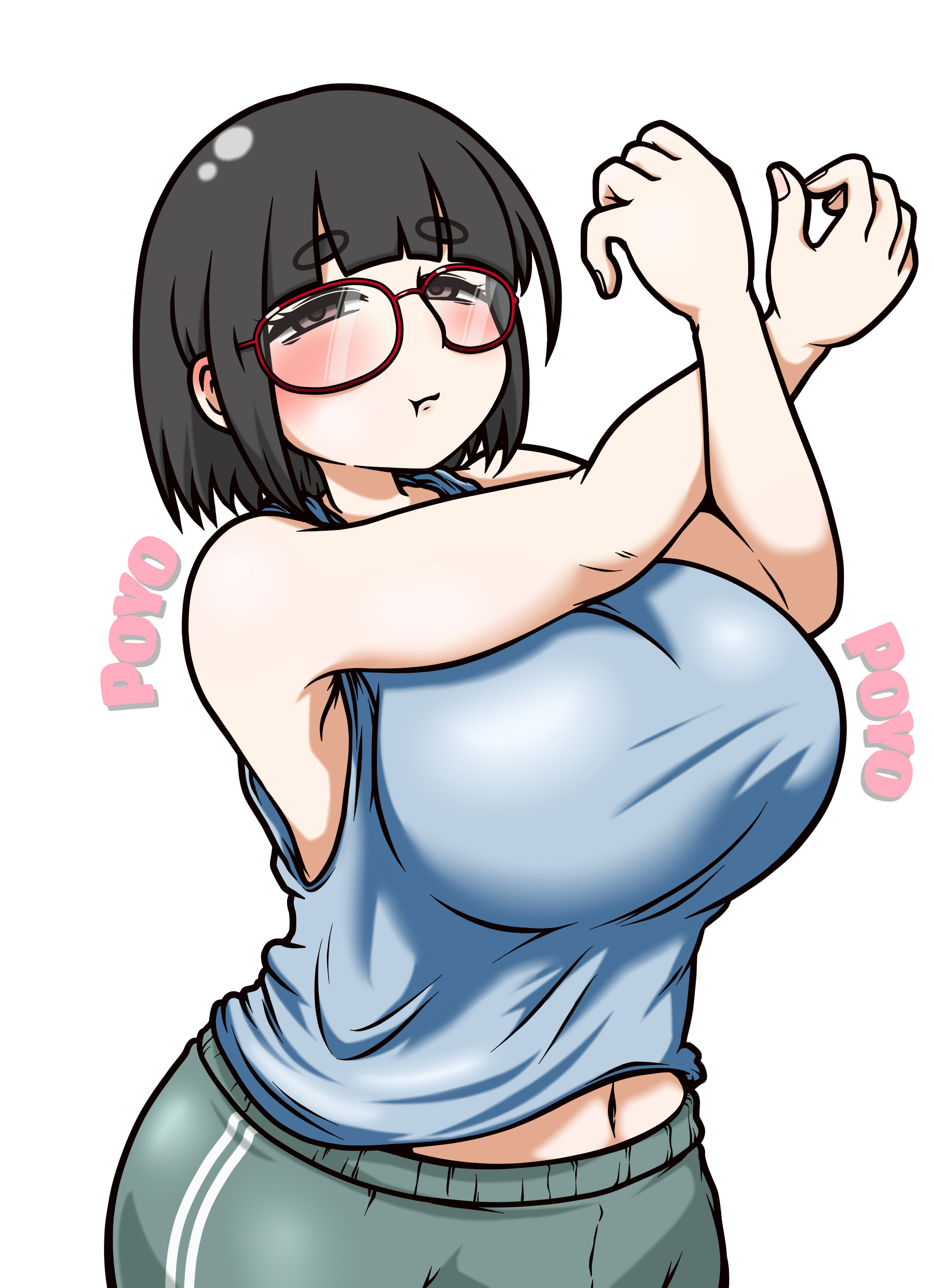 yamada naoto, original, absurdres, highres, 1girl, arms up, blue shirt, blush, breasts, crossed arms, glasses, jimiko, large breasts, navel, pout, red-framed eyewear, shirt, short hair, sleeveless, sleeveless shirt, white background