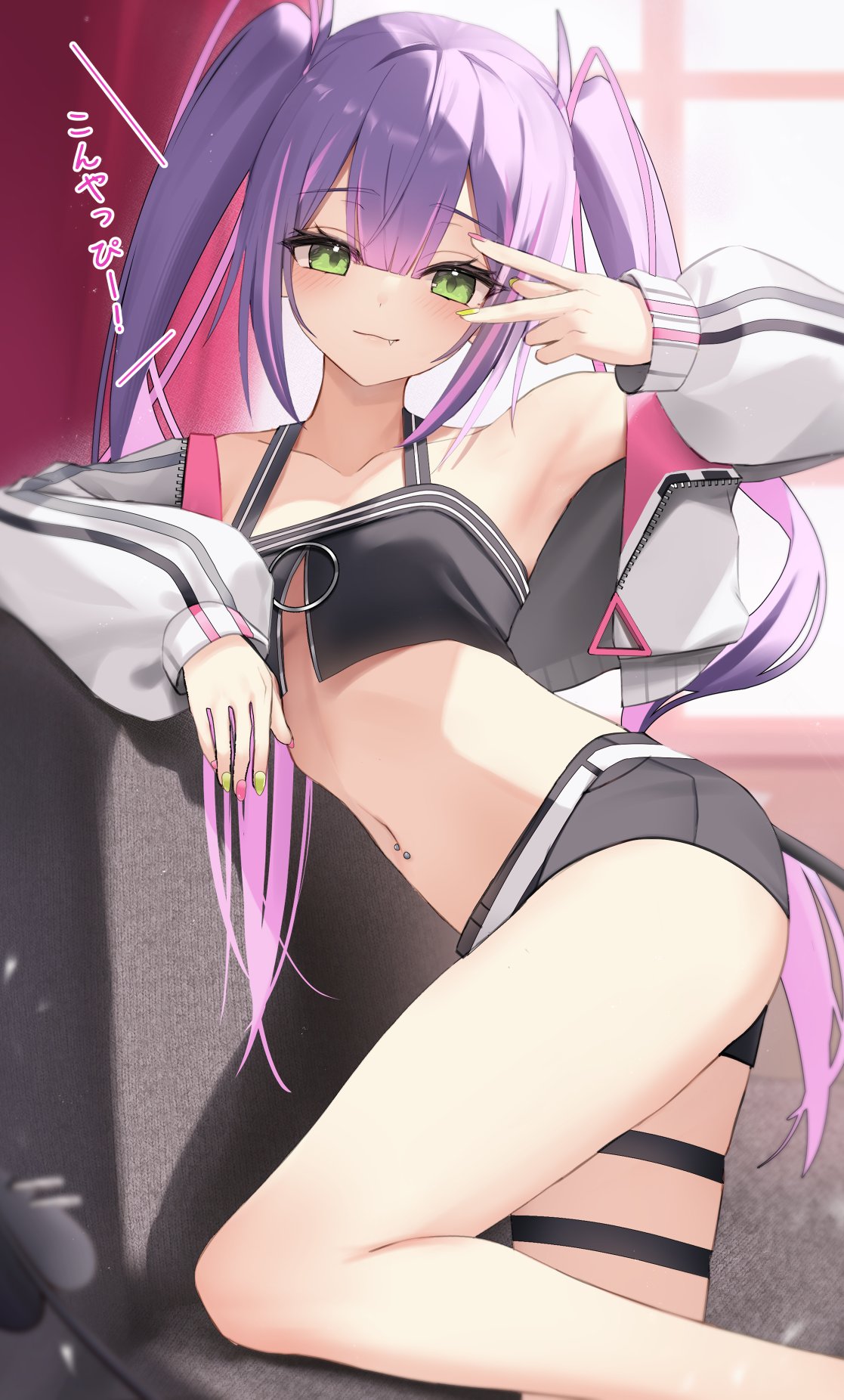 thomas 8000, tokoyami towa, tokoyami towa (1st costume), hololive, hashtag-only commentary, highres, translated, 1girl, arm up, armpits, bare shoulders, black shirt, black shorts, closed mouth, crop top, cropped jacket, fang, green eyes, jacket, long hair, long sleeves, looking at viewer, midriff, multicolored hair, nail polish, navel, navel piercing, open clothes, open jacket, piercing, pink hair, purple hair, shirt, short shorts, shorts, sleeveless, sleeveless shirt, smile, solo, stomach, thigh strap, thighs, twintails, two-tone hair, v, very long hair, virtual youtuber, white jacket