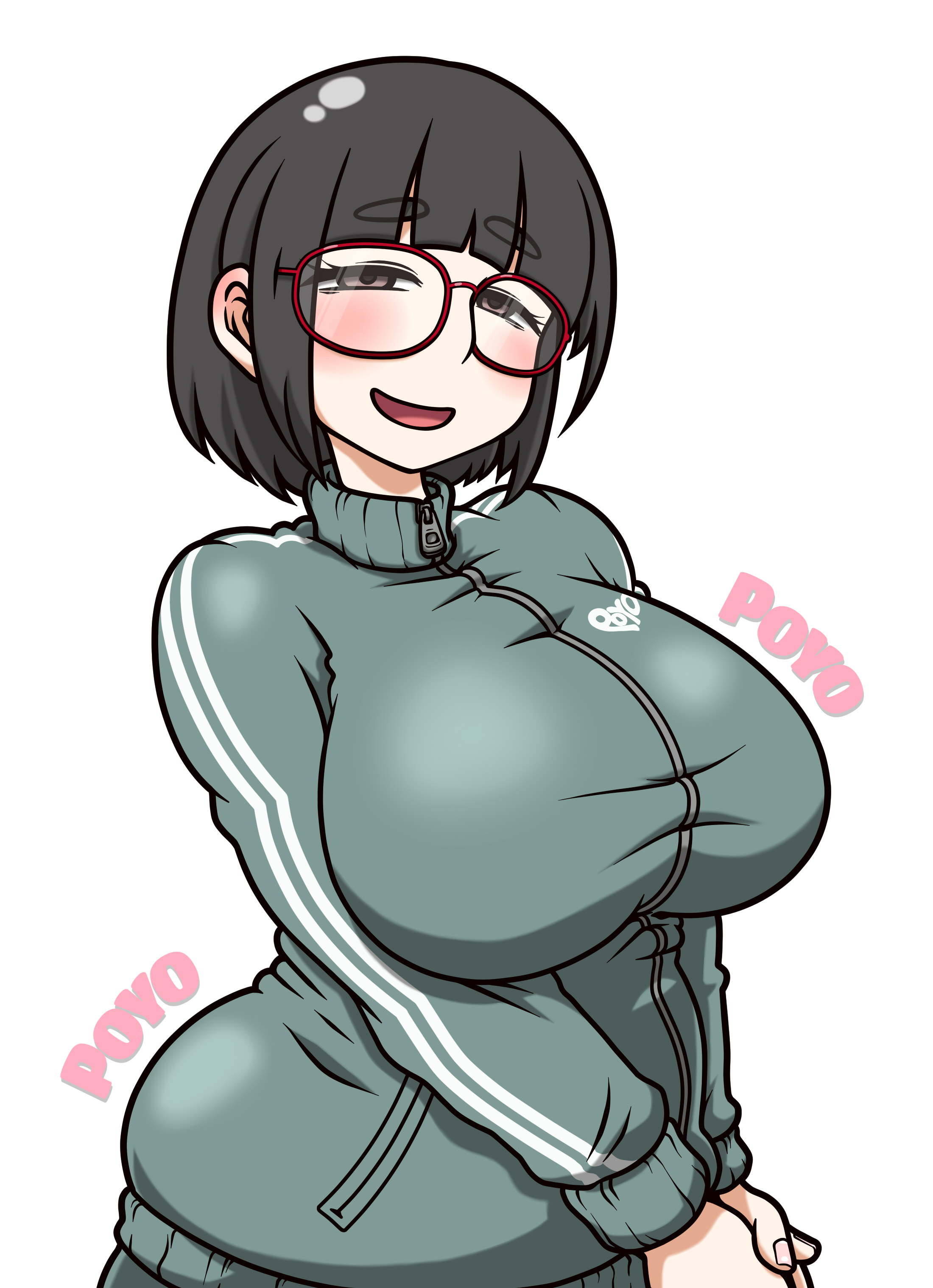 yamada naoto, original, absurdres, highres, 1girl, :d, black hair, breasts, glasses, green jacket, impossible clothes, jacket, jersey, jimiko, large breasts, long sleeves, open mouth, own hands together, short hair, simple background, smile, track jacket, track suit, zipper