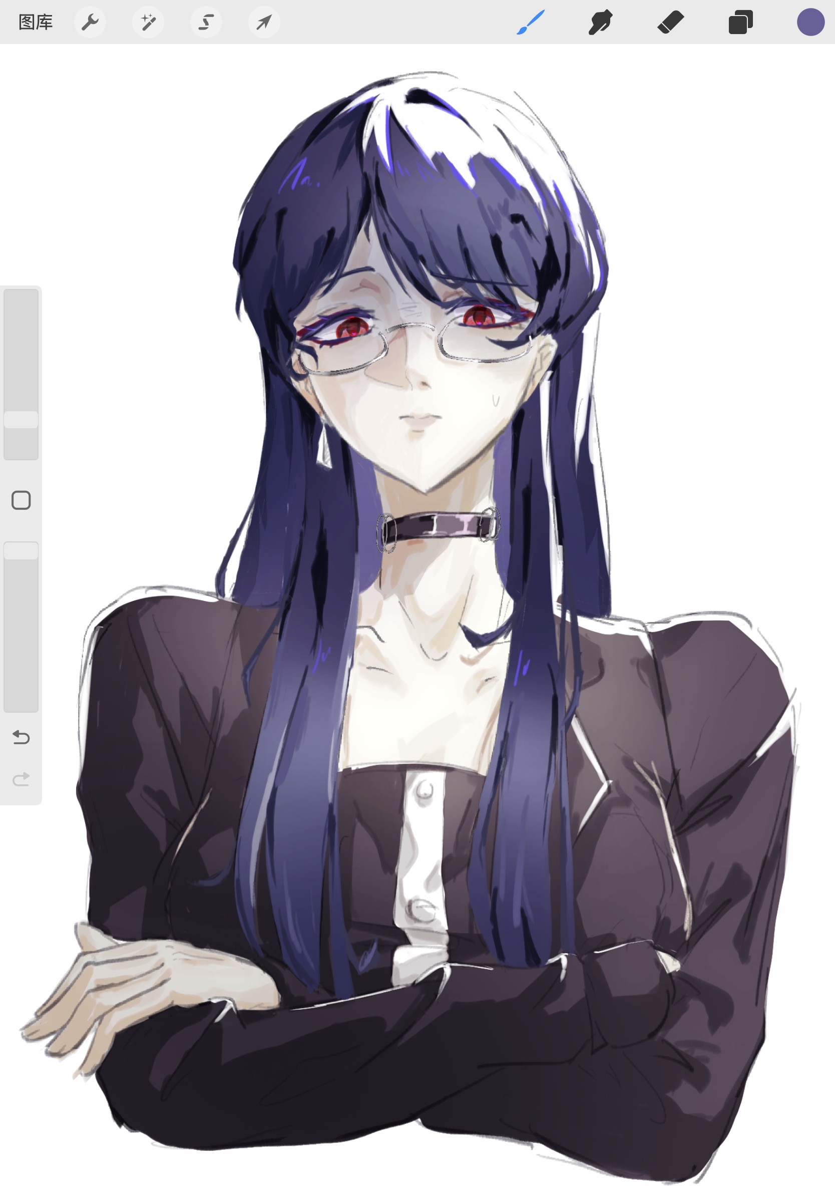 shizuhara hiruko, the hundred line -last defense academy-, chinese commentary, commentary, highres, procreate (medium), 1girl, art program in frame, black choker, black jacket, black shirt, choker, collarbone, cropped torso, crossed arms, earrings, eyeliner, glasses, jacket, jewelry, long hair, long sleeves, looking at viewer, makeup, procreate (software), purple hair, red eyeliner, red eyes, shenyu1201, shirt, simple background, single earring, solo, white background