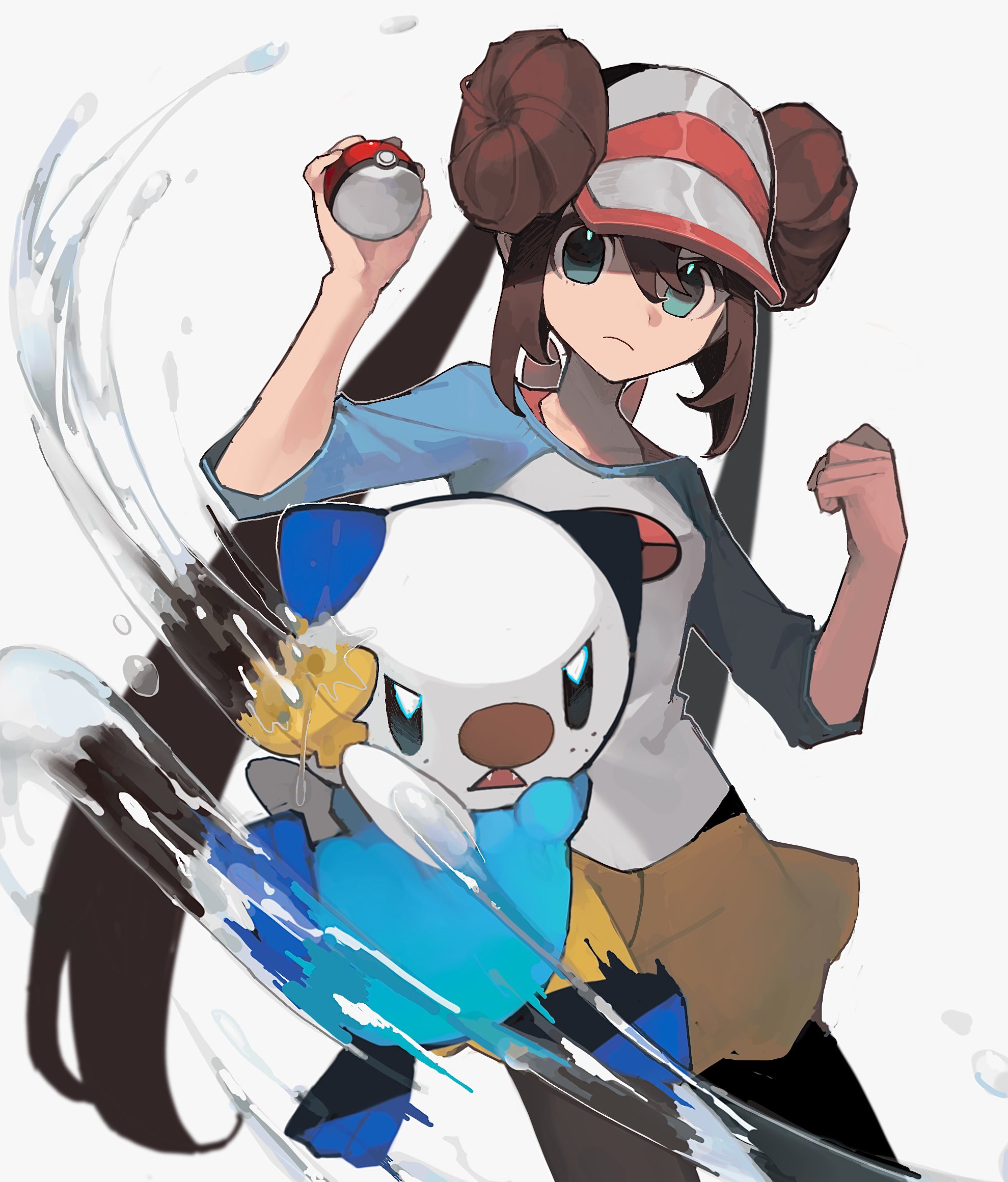 950magi618, oshawott, rosa (pokemon), nintendo, pokemon, pokemon bw2, highres, 1girl, black pantyhose, blue eyes, blue fur, brown hair, donut hair bun, double bun, fangs, gen 5 pokemon, hair bun, long hair, looking at viewer, pantyhose, pantyhose under shorts, poke ball print, pokemon (creature), raglan sleeves, shirt, shorts, simple background, solo, standing, twintails, upper body, visor cap, water, white background, white fur, white shirt, yellow shorts
