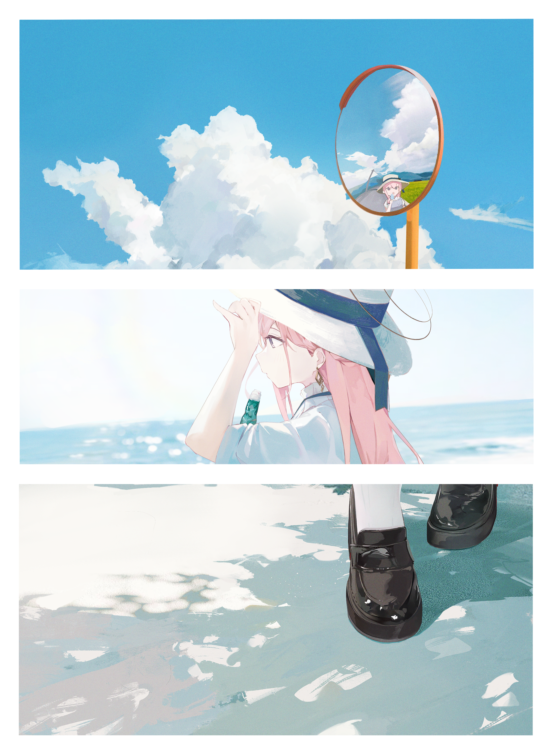 i!roha, jishenkong jihua, absurdres, character request, commentary request, highres, 1girl, black shoes, blue sky, border, cloud, from side, hand up, hat, loafers, long hair, multiple views, ocean, outdoors, pink hair, purple eyes, reflection, shirt, shoes, sky, traffic mirror, virtual youtuber, white border, white hat, white shirt