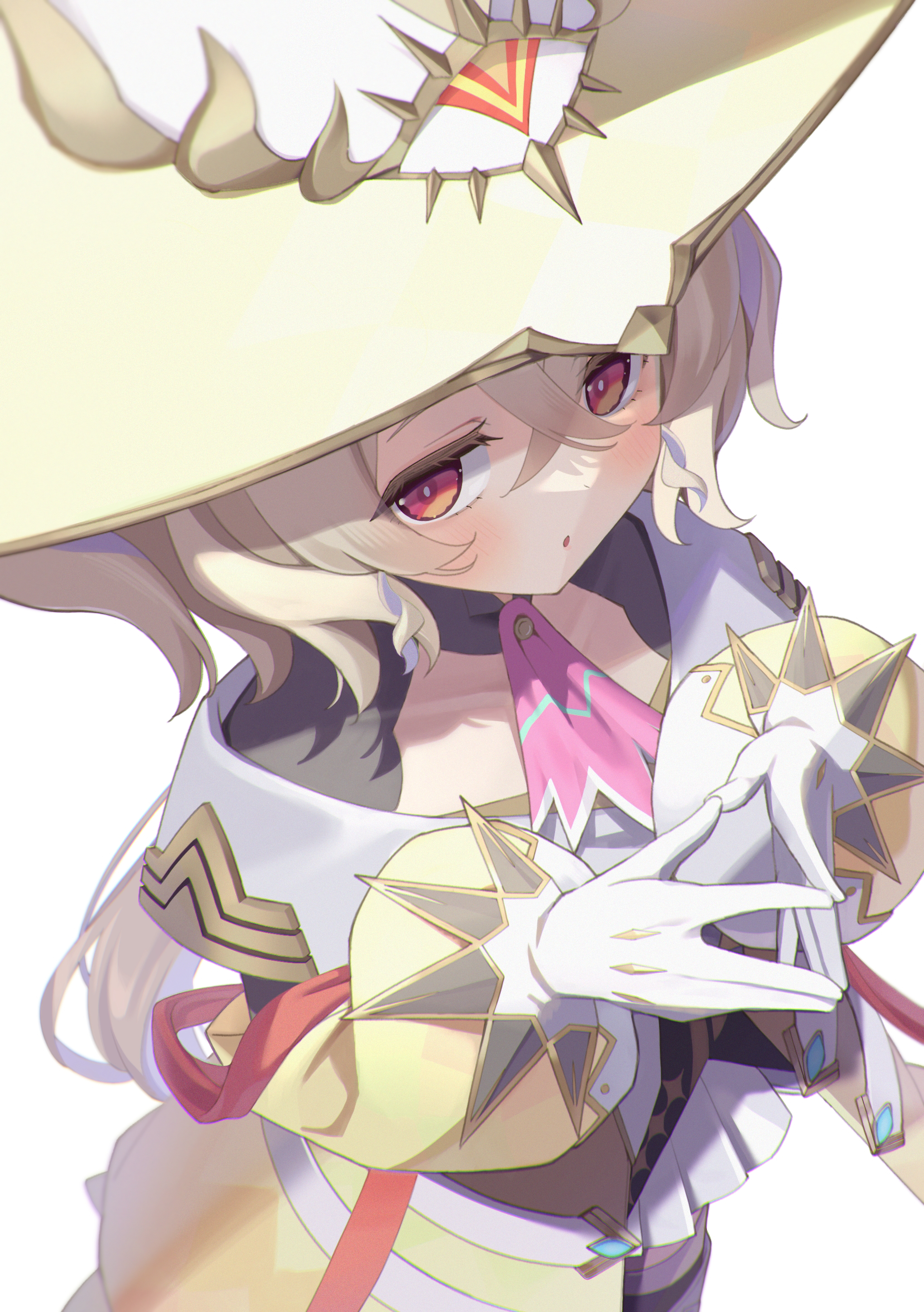 ren-da-min, duel masters, duel masters play's, absurdres, character request, commentary request, highres, 1girl, ascot, blonde hair, blue hair, bright pupils, crossed bangs, dress, gloves, hair between eyes, hat, long hair, long sleeves, looking at viewer, low ponytail, multicolored eyes, multicolored hair, own hands together, parted lips, pink ascot, pink eyes, ponytail, puffy long sleeves, puffy sleeves, simple background, solo, steepled fingers, streaked hair, two-tone eyes, two-tone hair, very long hair, white background, white dress, white gloves, white pupils, yellow eyes, yellow hat
