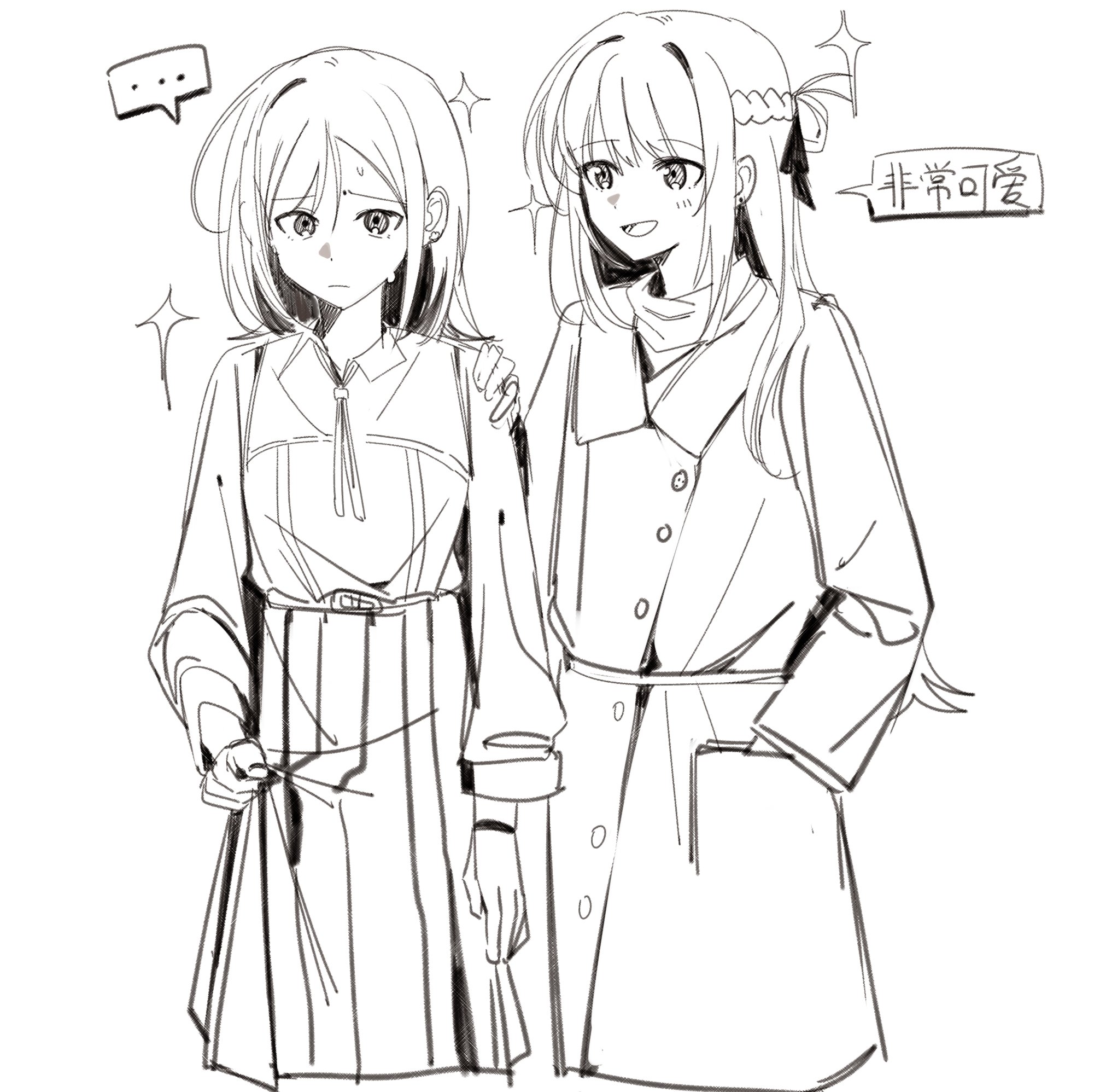 haidao mao, naoi (zenbu kowashite jigoku de aishite), sendai hazuki, shuuniichido classmate wo kau hanashi, zenbu kowashite jigoku de aishite, highres, translation request, 2girls, chinese text, closed mouth, coat, crossover, earrings, greyscale, hair between eyes, half updo, jewelry, long hair, monochrome, multiple girls, pleated skirt, shirt, simple background, skirt, sparkle, sweatdrop, white background