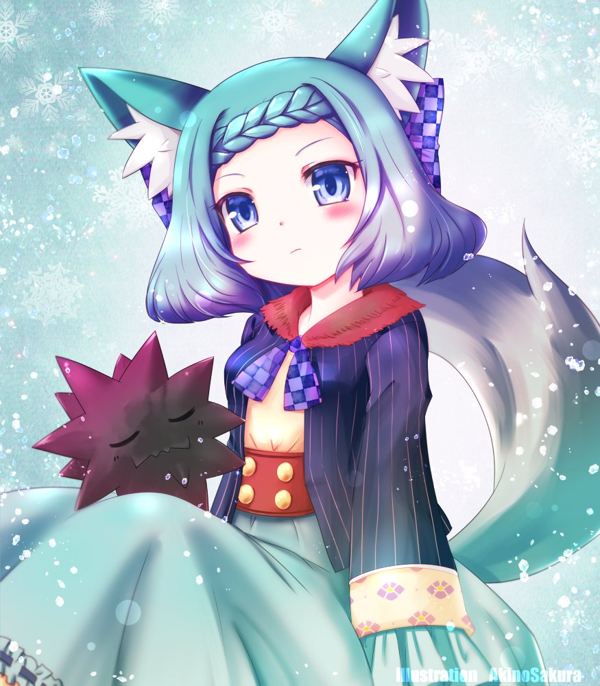 akino sakura, emil chronicle online, 1girl, animal ears, blue bow, blue eyes, blue hair, blue jacket, blue ribbon, blue skirt, blush, bow, braid, checkered ribbon, corset, creature on lap, frilled sleeves, frills, fur jacket, hair ribbon, jacket, red corset, ribbon, shirt, skirt, snowflakes, tail, whitefang alma, wolf ears, wolf girl, wolf tail, yellow shirt