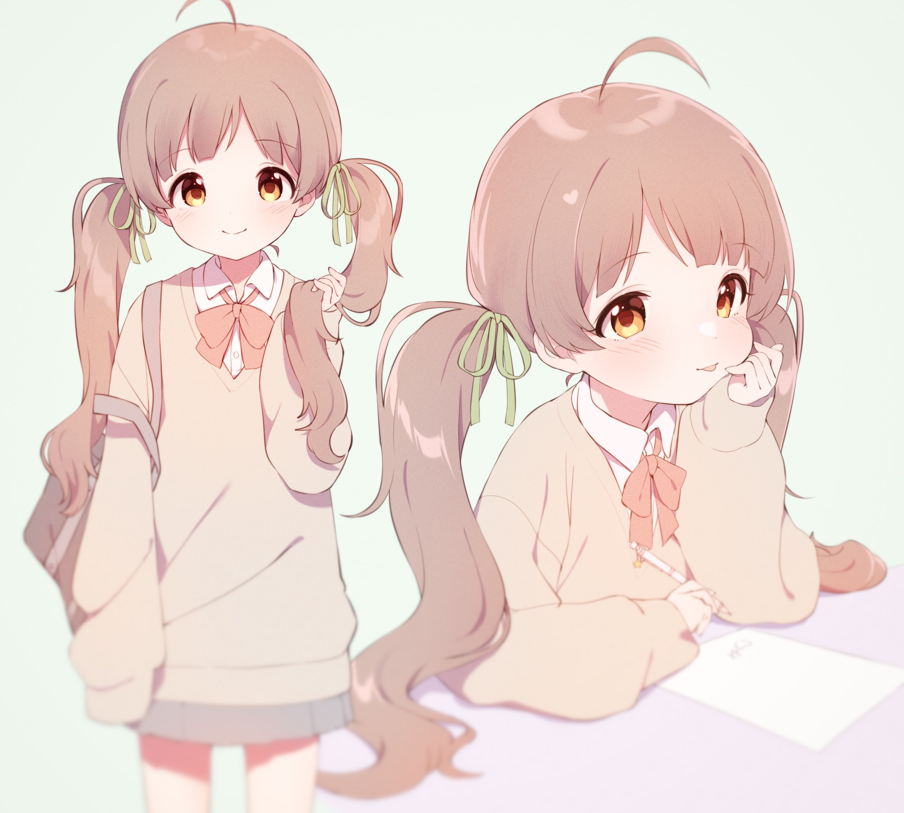 norada, hakozaki serika, idolmaster, idolmaster million live!, absurdres, commentary, highres, symbol-only commentary, 1girl, :p, ahoge, arm at side, arm rest, bag, blurry, blush, bow, bowtie, brown hair, brown sweater, closed mouth, collared shirt, depth of field, dot nose, elbow rest, green ribbon, grey bag, grey skirt, hair ribbon, hand up, head on hand, heart, holding, holding own hair, holding pencil, long hair, long sleeves, looking at viewer, looking to the side, mechanical pencil, miniskirt, multiple views, orange eyes, paper, parted bangs, pencil, pleated skirt, raised eyebrows, red bow, red bowtie, ribbon, school bag, school uniform, shirt, shoulder bag, simple background, sitting, skirt, sleeves past fingers, sleeves past wrists, smile, split mouth, standing, sweater, tongue, tongue out, twintails, white background, white shirt