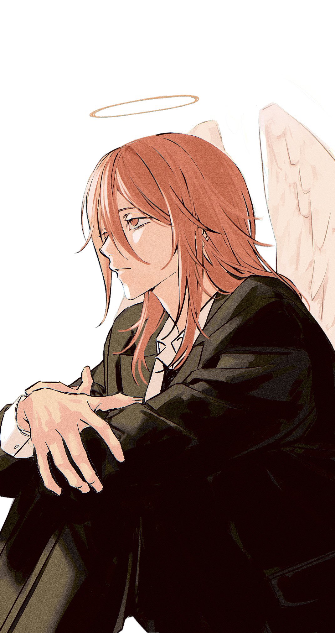 gaek99, angel devil (chainsaw man), chainsaw man, commentary, highres, symbol-only commentary, 1boy, androgynous, angel wings, black jacket, black pants, black suit, closed mouth, collared shirt, feathered wings, formal clothes, from side, halo, hugging own legs, jacket, lapels, layered sleeves, long hair, long sleeves, male focus, pants, profile, red eyes, red hair, shirt, simple background, sitting, solo, suit, suit jacket, white background, white shirt, white wings, wing collar, wings