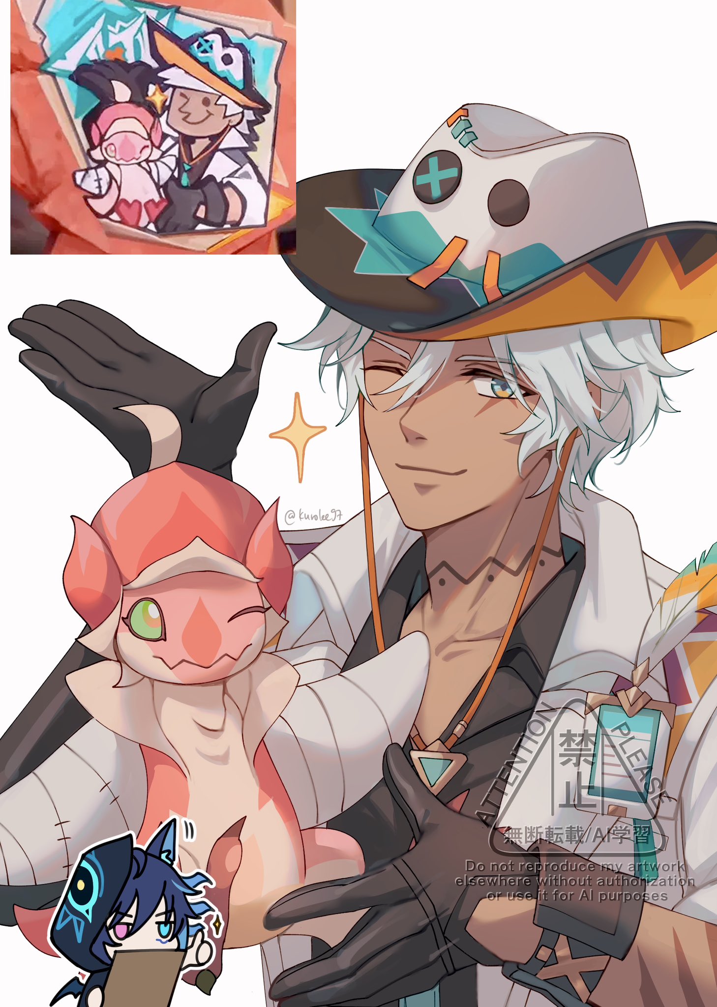 kuro lee, ifa (genshin impact), ororon (genshin impact), qucusaurus (genshin impact), genshin impact, commentary, highres, symbol-only commentary, 2boys, aqua eyes, artist name, bandaged wings, bandages, black gloves, black shirt, chibi, clipboard, closed mouth, coat, collarbone, collared coat, collared shirt, cowboy hat, dark-skinned male, dark skin, feathers, game screenshot inset, gloves, green eyes, hair between eyes, hand up, hat, holding, holding clipboard, id card, lab coat, lapels, looking at viewer, male focus, multiple boys, one eye closed, open clothes, open coat, reference inset, scar, scar across eye, scar on arm, scar on face, shirt, short hair, sign, simple background, smile, sparkle, thumbs up, twitter username, upper body, watermark, white background, white coat, white hair, white hat