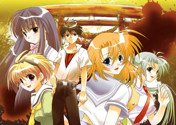 suzuragi karin, furude rika, houjou satoko, maebara keiichi, ryuuguu rena, sonozaki mion, higurashi no naku koro ni, non-web source, 00s, 1boy, 4girls, blonde hair, blood, blood splatter, blush, brown hair, floating hair, green hair, hairband, long hair, looking at viewer, multiple girls, nature, orange hair, outdoors, ponytail, purple hair, school uniform, serafuku, shirt, smile, suspenders, torii, tree, very long hair