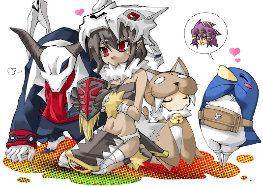 beast master (disgaea), prinny, reaper (disgaea), saber kitty, saber kitty (disgaea), shaman (disgaea), sorcerer (disgaea), disgaea, makai senki disgaea 2, makai senki disgaea 3, nippon ichi, 1girl, bandages, blush, brown hair, closed eyes, dark-skinned female, dark skin, heart, horns, red eyes, skull