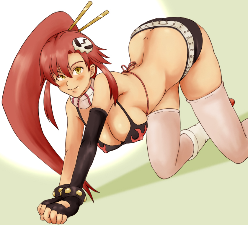 momo 765, rirakukan, yoko littner, tengen toppa gurren lagann, bad id, bad pixiv id, 00s, 1girl, ass, blush, breasts, butt crack, cleavage, crack, dimples of venus, female focus, solo, thighhighs, yellow eyes