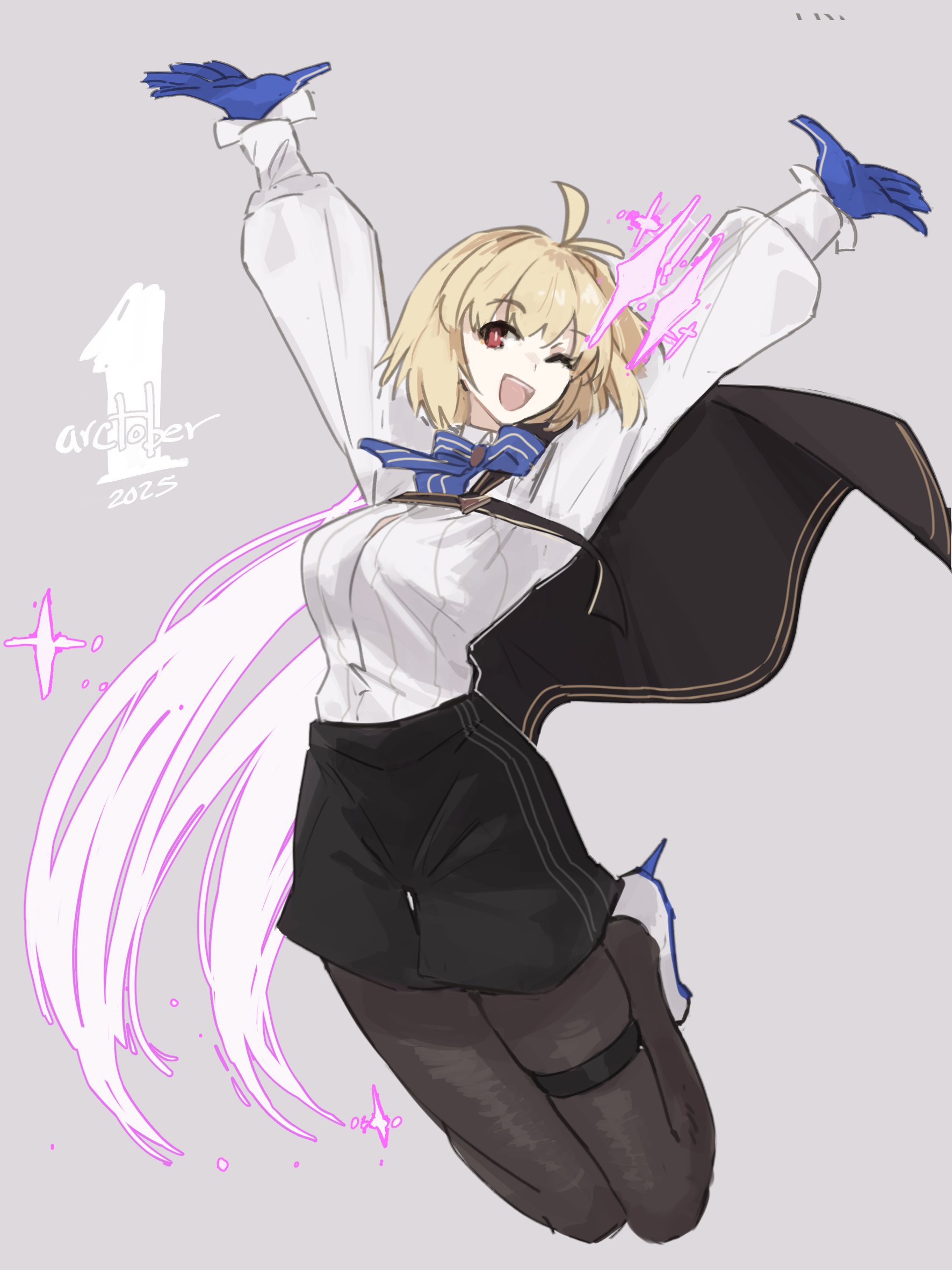 jonyeld, arcueid brunestud, tsukihime, tsukihime (remake), highres, 1girl, arms up, black pantyhose, black skirt, blonde hair, breasts, cowboy shot, full body, grey background, midair, one eye closed, open mouth, pantyhose, red eyes, shirt, short hair, simple background, skirt, solo, white shirt