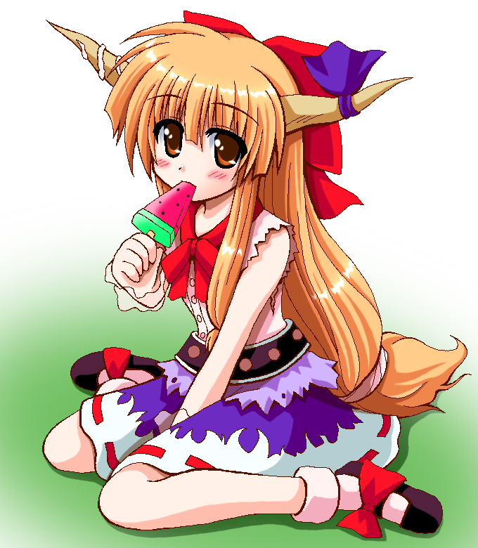 nagana sayui, ibuki suika, touhou, 1girl, brown eyes, female focus, food, full body, gradient background, horns, long hair, orange hair, popsicle, ribbon, skirt, solo, white background