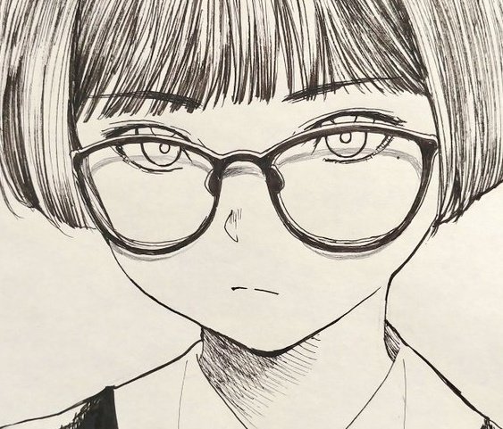 misaki toji, original, tagme, 1girl, blunt bangs, bowl cut, glasses, lineart, looking at viewer, round eyewear, shadow, short hair, sketch, white background