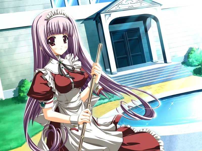 amakawa akito, akutaba marine, aruji no tame ni kane wa naru, game cg, non-web source, 1girl, broom, brown eyes, female focus, fountain, long hair, maid, pink hair, solo, sunlight, wrist cuffs