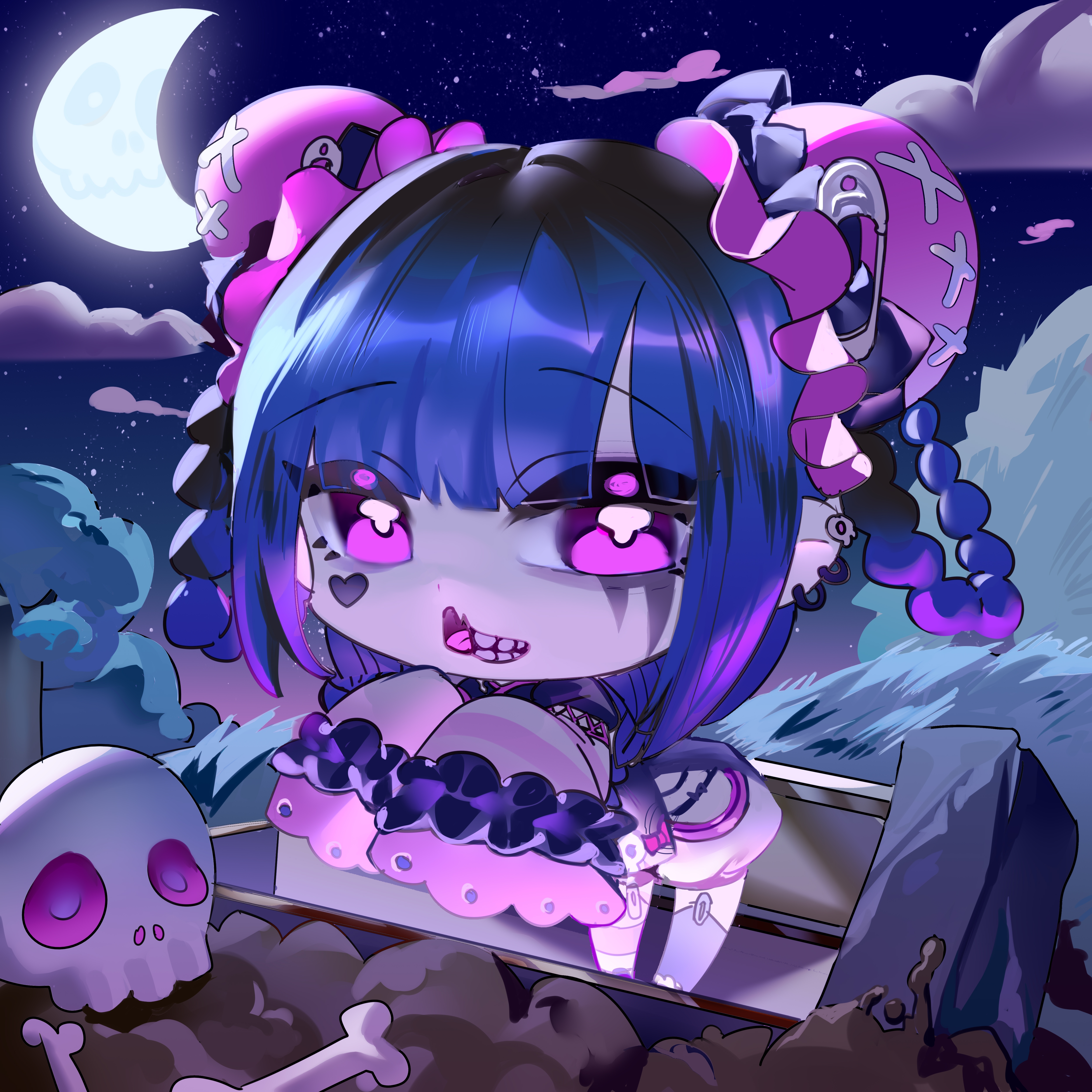 amemiya darumi, the hundred line -last defense academy-, absurdres, artist request, commission, highres, second-party source, 1girl, alternate costume, alternate hairstyle, black dress, black hair, blue hair, bone, chibi, chibi only, cloud, coffin, crescent moon, dirt, double bun, dress, ear piercing, facial mark, fang, graveyard, hair bun, heart, heart facial mark, killing game (hundred line), long hair, looking at viewer, makeup, mismatched thighhighs, moon, multicolored hair, night, outdoors, piercing, pink eyes, runny makeup, skin fang, skull, solo, standing, thighhighs