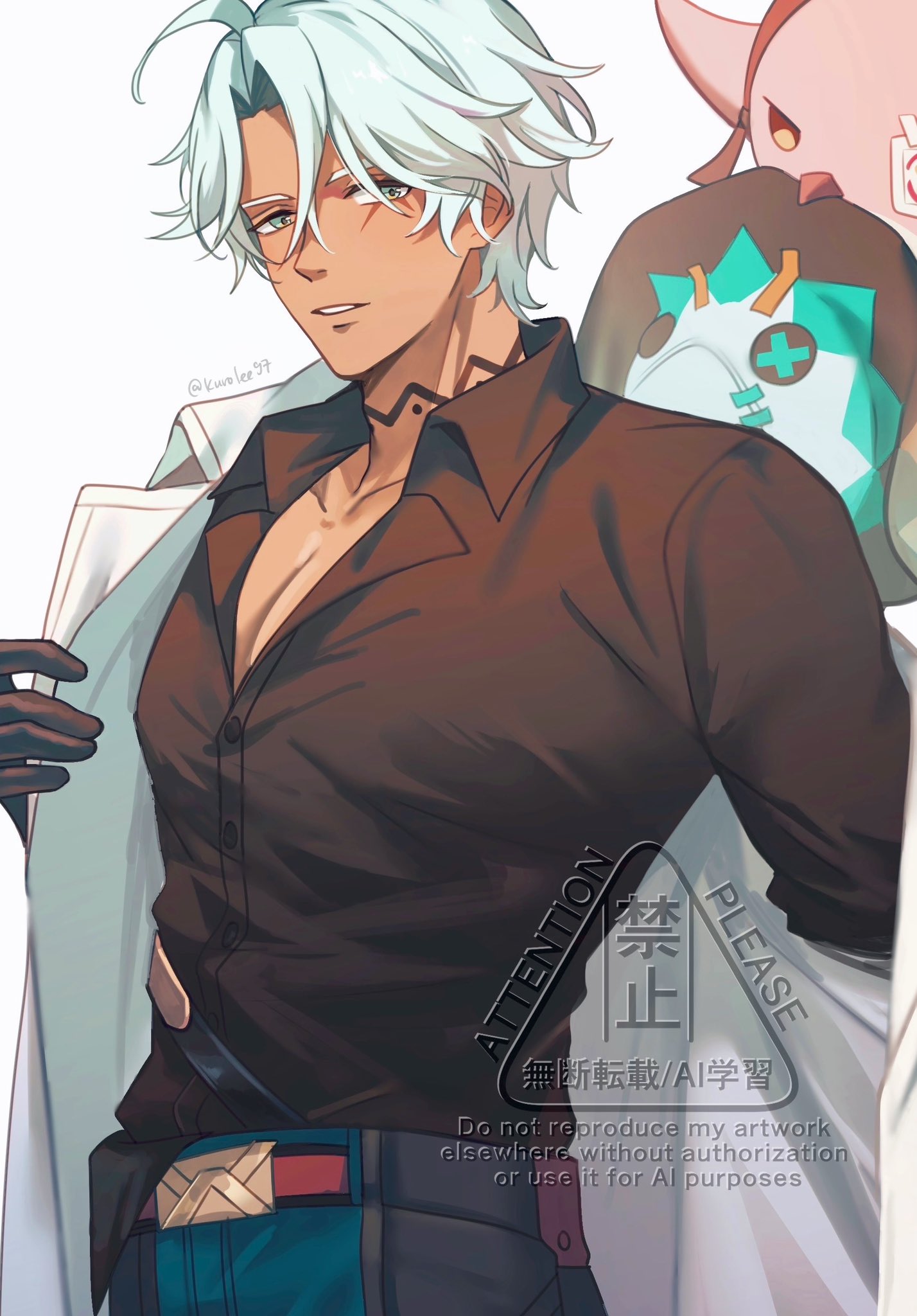 kuro lee, cacucu (genshin impact), ifa (genshin impact), genshin impact, commentary, english commentary, highres, 1boy, ahoge, aqua eyes, artist name, bird, black gloves, black shirt, blue pants, coat, collarbone, collared coat, collared shirt, cowboy hat, dressing, gloves, hair between eyes, hat, lab coat, lapels, looking at viewer, male focus, open clothes, open coat, pants, parted bangs, parted lips, pectoral cleavage, pectorals, scar, scar across eye, scar on face, shirt, shirt partially tucked in, short hair, simple background, solo, standing, twitter username, unworn hat, unworn headwear, watermark, white background, white coat, white hair, white hat