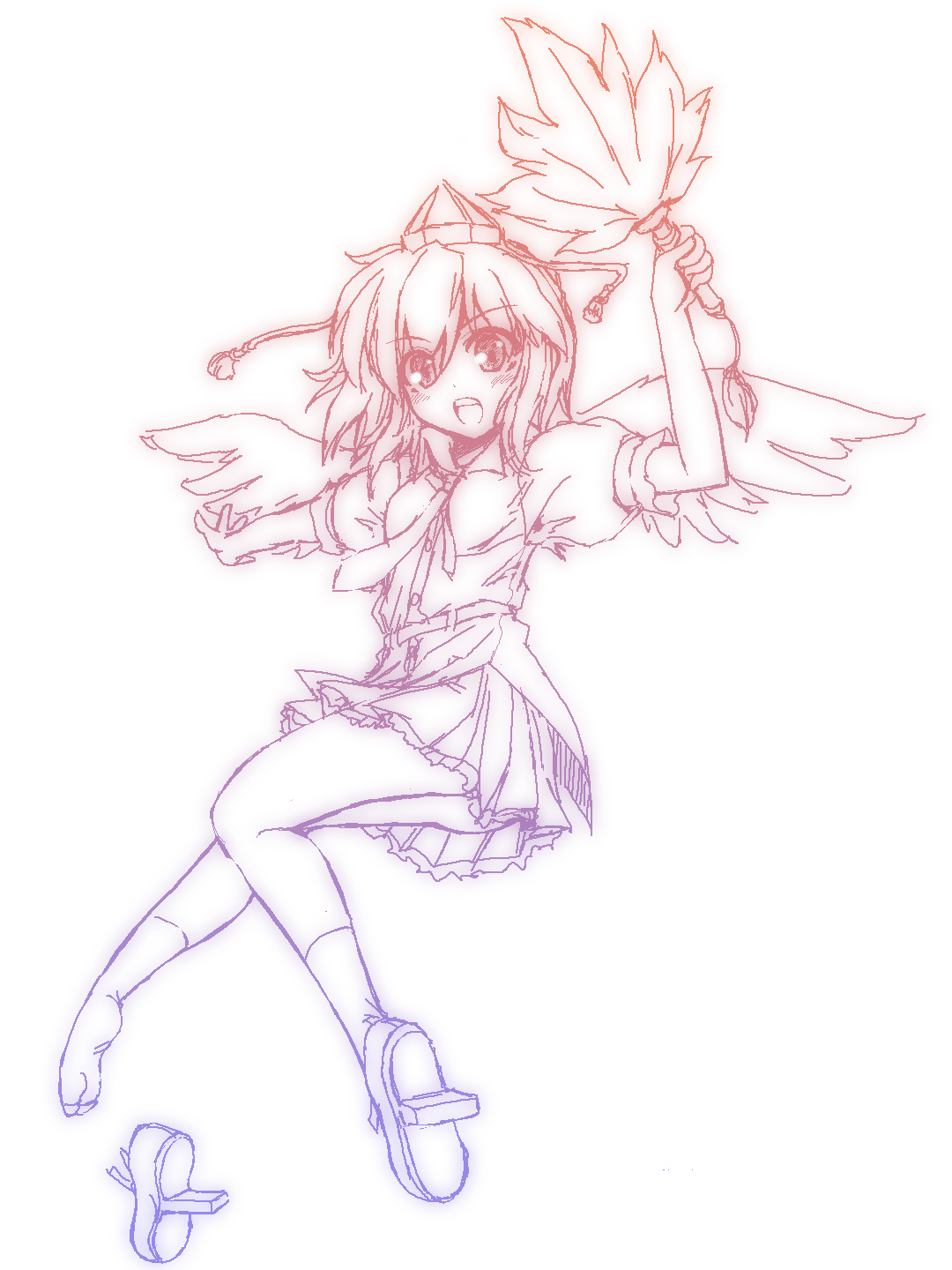 iseno yajin, shameimaru aya, touhou, highres, 1girl, female focus, geta, looking at viewer, monochrome, open mouth, shoes, single shoe, smile, solo, tengu-geta