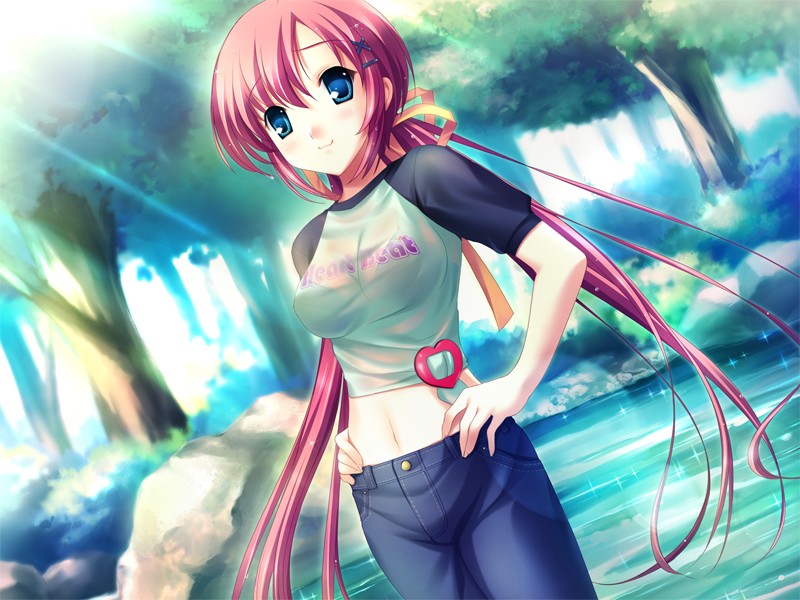 yaegashi nan, shirakawa nanaka, da capo, da capo ii, non-web source, 00s, 1girl, :3, blue eyes, denim, dutch angle, female focus, jeans, lake, long hair, midriff, pants, pink hair, raglan sleeves, solo, twintails