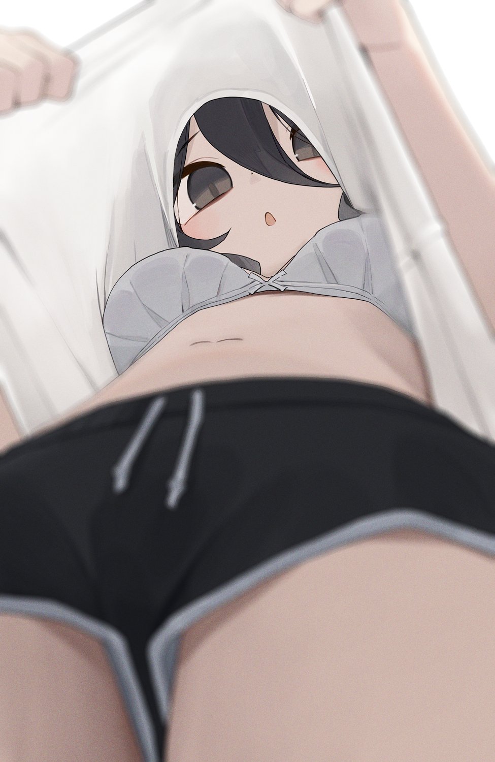 hiroki (yyqw7151), original, highres, 1girl, black hair, black shorts, bra, clothes lift, lifting own clothes, looking at viewer, open mouth, shirt, shirt lift, shorts, solo, thighs, underwear, upshirt, white bra, white shirt