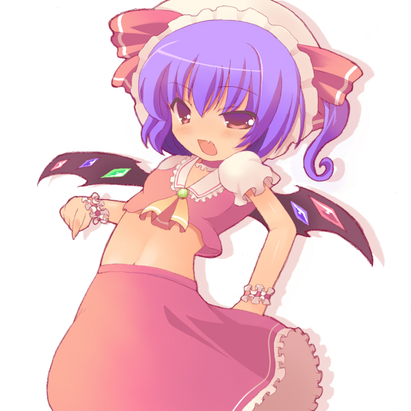 shiraki ai, flandre scarlet, remilia scarlet, touhou, 1girl, cosplay, female focus, flandre scarlet (cosplay), flat chest, hair between eyes, hat, midriff, simple background, skirt, solo, white background