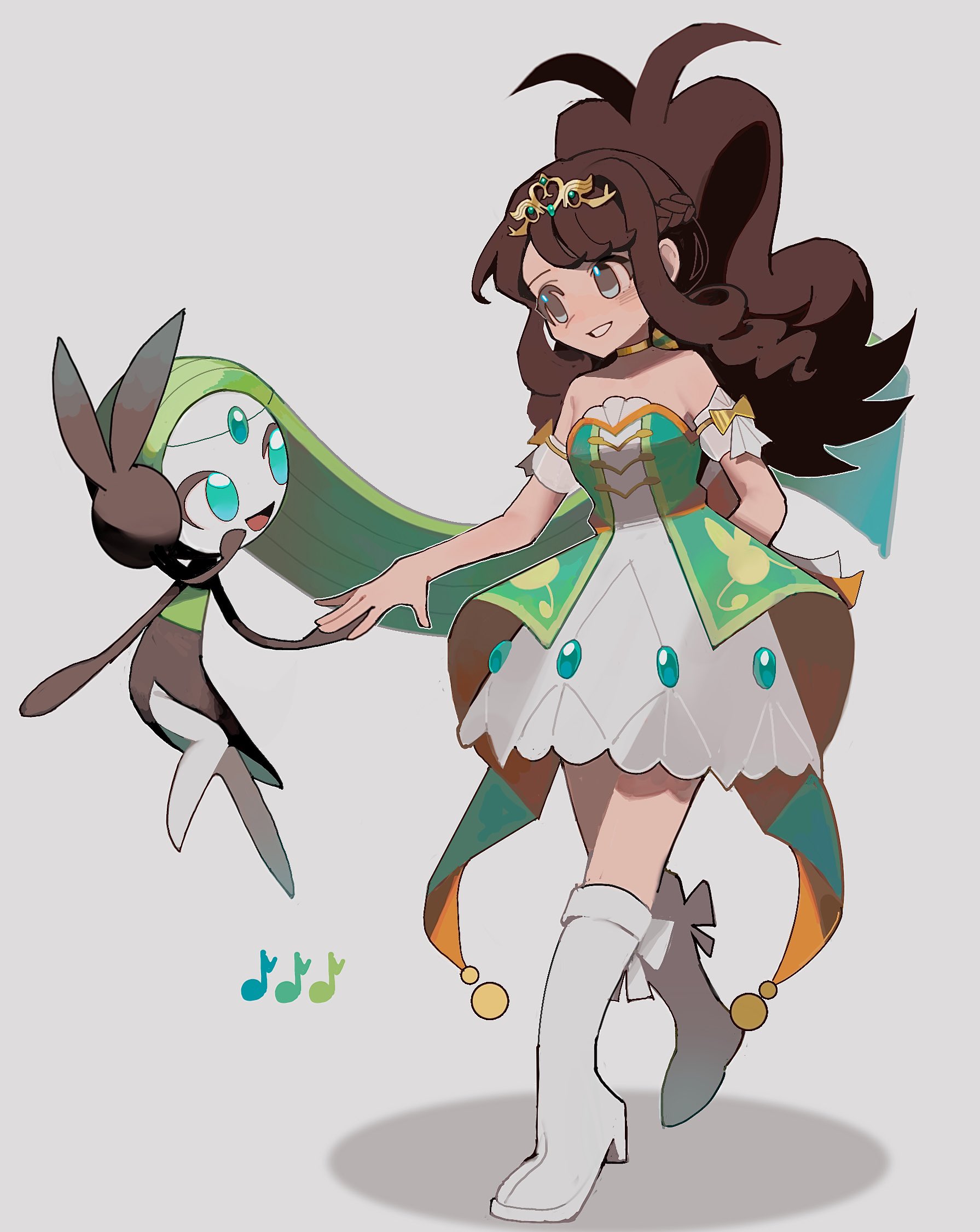 950magi618, hilda (pokemon), meloetta, meloetta (aria), rosa (champion) (pokemon), rosa (pokemon), rosa (pokemon) (cosplay), nintendo, pokemon, pokemon masters ex, highres, 2girls, :d, bare shoulders, blue eyes, boots, brown eyes, brown hair, choker, corset, cosplay, dress, full body, gen 5 pokemon, green corset, green hair, grey background, legendary pokemon, long hair, looking at another, multiple girls, mythical pokemon, official alternate costume, open mouth, pokemon (creature), ponytail, simple background, smile, standing, strapless, strapless dress, tiara, white background, white boots, white dress, yellow choker, yellow tiara