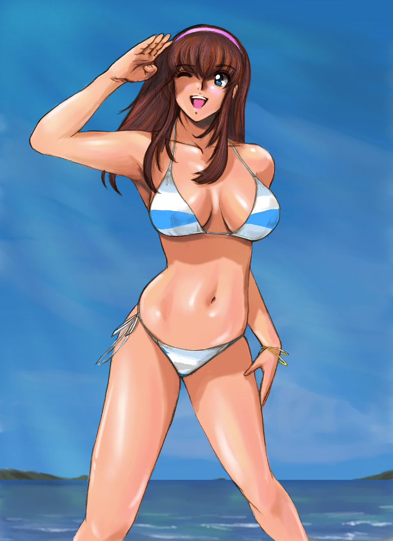 shu-z, hitomi (doa), dead or alive, tecmo, 1girl, bikini, female focus, one eye closed, shiny skin, solo, swimsuit, white bikini, wink