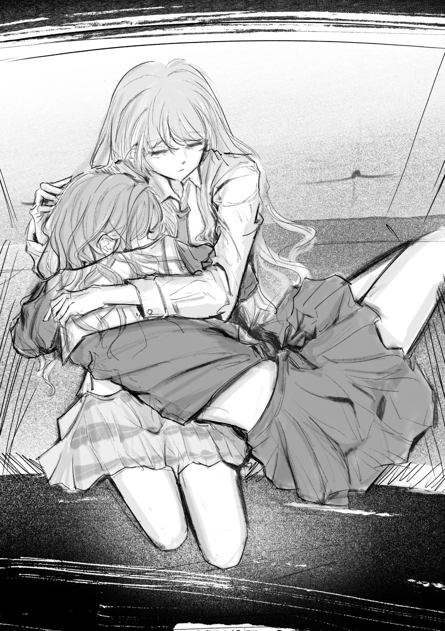 chihaya anon, nagasaki soyo, bang dream!, bang dream! it's mygo!!!!!, commentary, hashtag-only commentary, highres, 2girls, closed eyes, closed mouth, funame111, greyscale, haneoka school uniform, hug, jacket, long hair, monochrome, multiple girls, necktie, plaid clothes, plaid skirt, pleated skirt, school uniform, shirt, skirt, tsukinomori school uniform, yuri