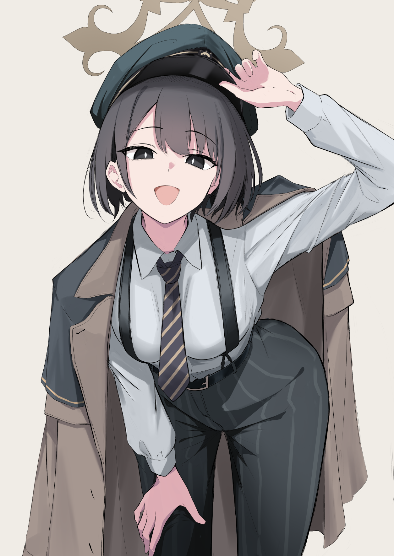 4jiri, blue archive, commentary request, highres, 1girl, adjusting clothes, adjusting headwear, black eyes, black hair, black necktie, black pants, breasts, brown background, brown halo, coat, coat on shoulders, collared shirt, cowboy shot, green hat, halo, hat, hiromi (blue archive), large breasts, leaning forward, long sleeves, looking at viewer, necktie, open mouth, pants, peaked cap, shirt, shirt tucked in, short hair, simple background, smile, solo, suspenders, white shirt
