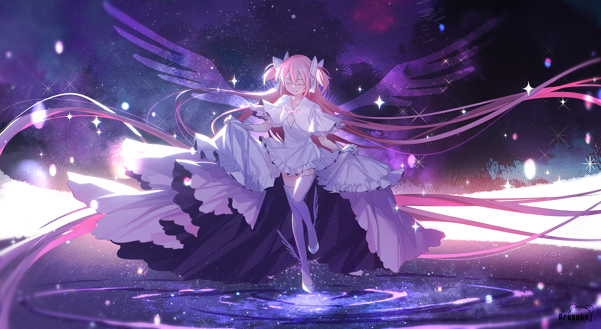 arusuko, kaname madoka, ultimate madoka, mahou shoujo madoka magica, mahou shoujo madoka magica: hangyaku no monogatari, highres, 1girl, closed eyes, dress, energy wings, facing viewer, full body, galaxy, giant, giantess, gloves, long hair, pink hair, skirt hold, sky, smile, solo, standing, standing on one leg, star (sky), starry sky, thighhighs, very long hair, white dress, white gloves